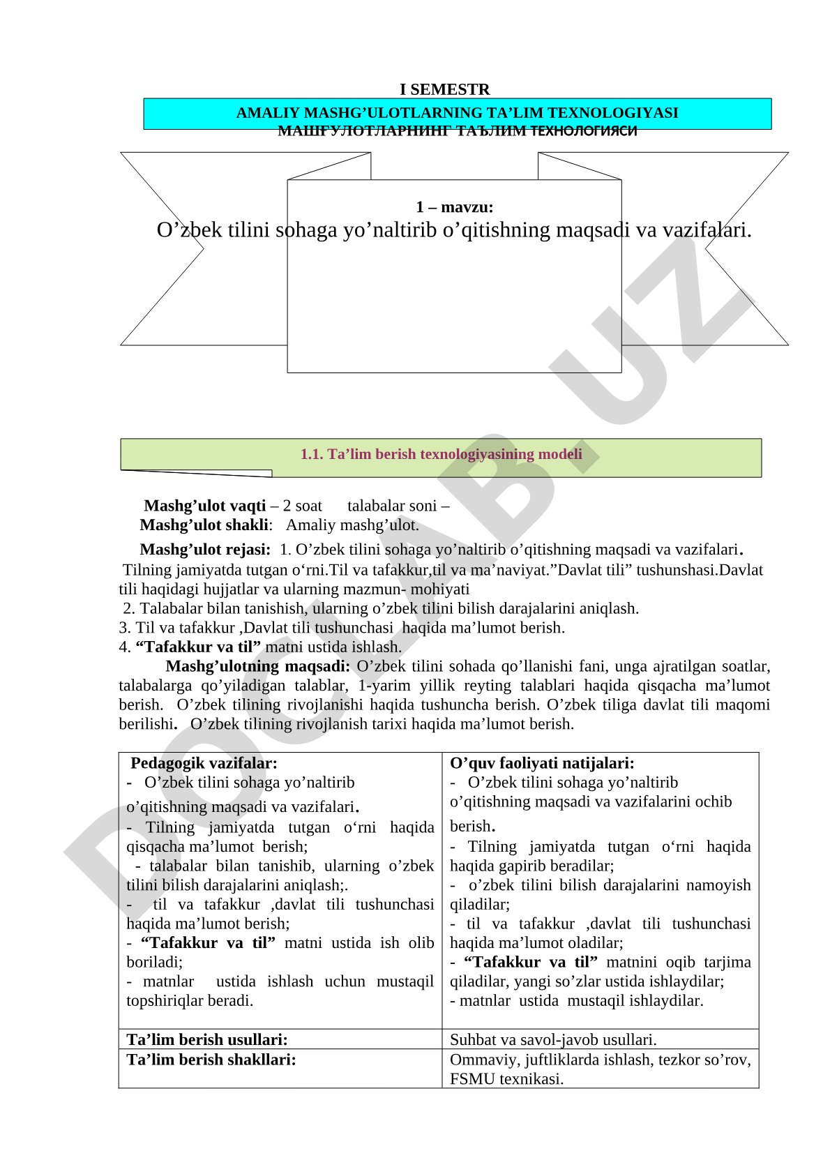 O'zbek tilini sohaga yo'naltirib o'qitishning maqsadi va vazifalari