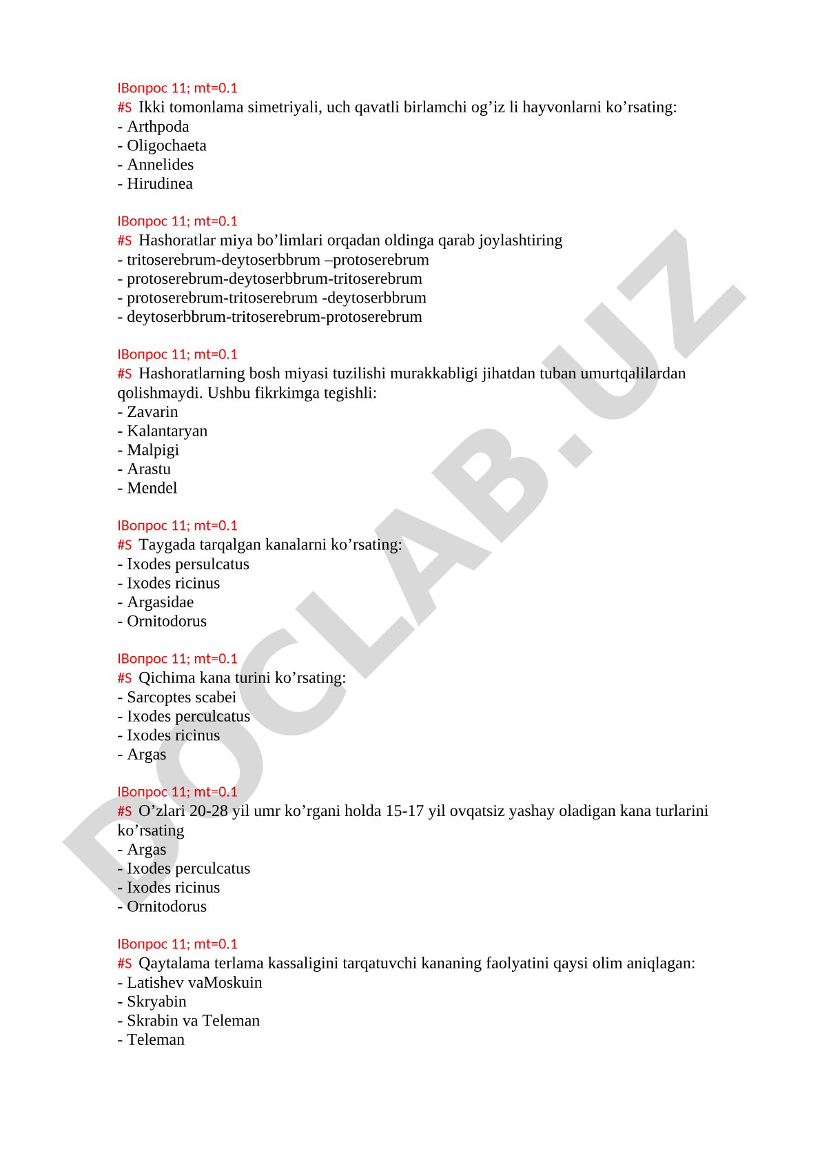 Hayvonot olami test savollari