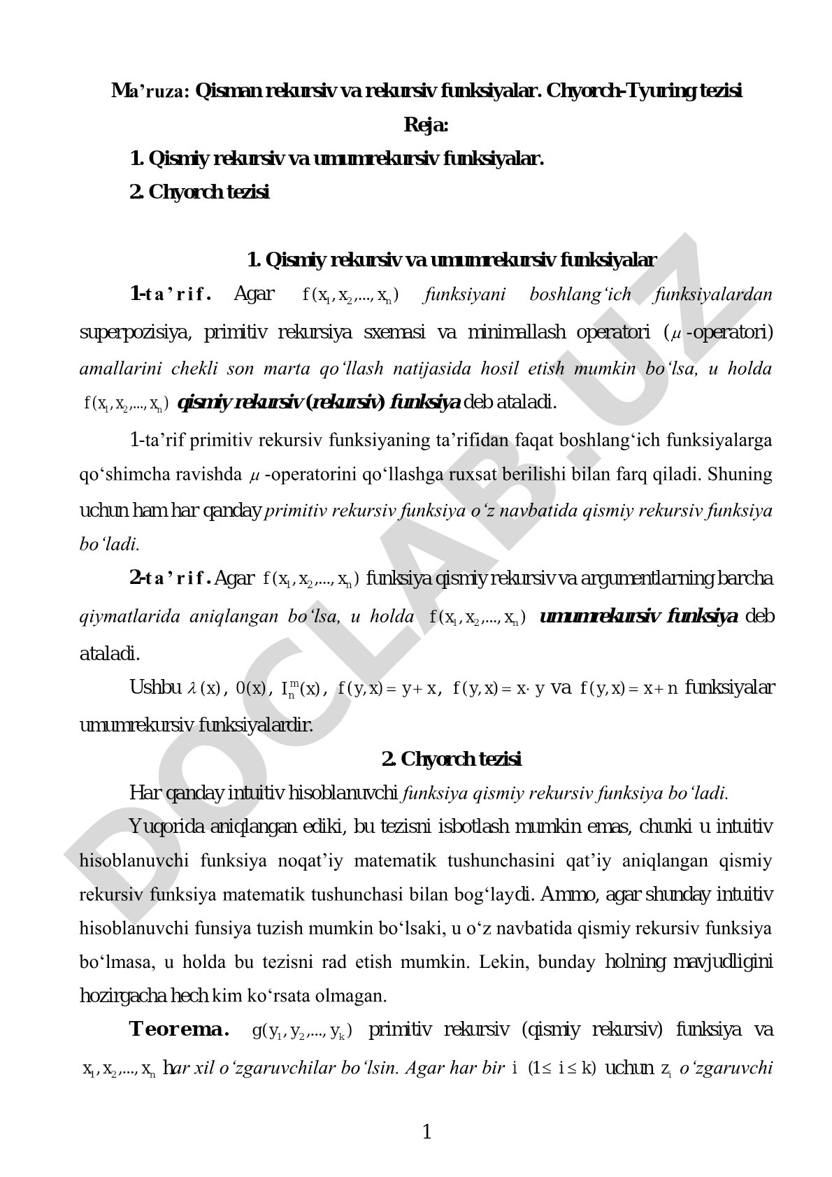 Qisman rekursiv va rekursiv funksiyalar. Chyorch-Tyuring tezisi