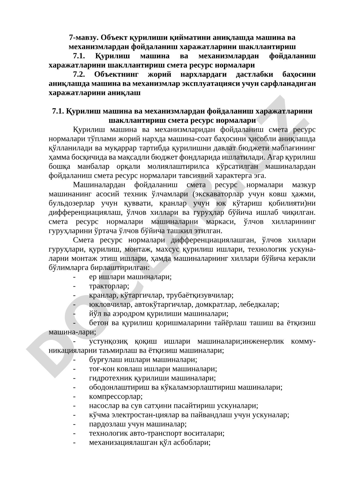 Объект қурилиши қийматини аниқлашда машина ва механизмлардан фойдаланиш харажатларини шакллантириш