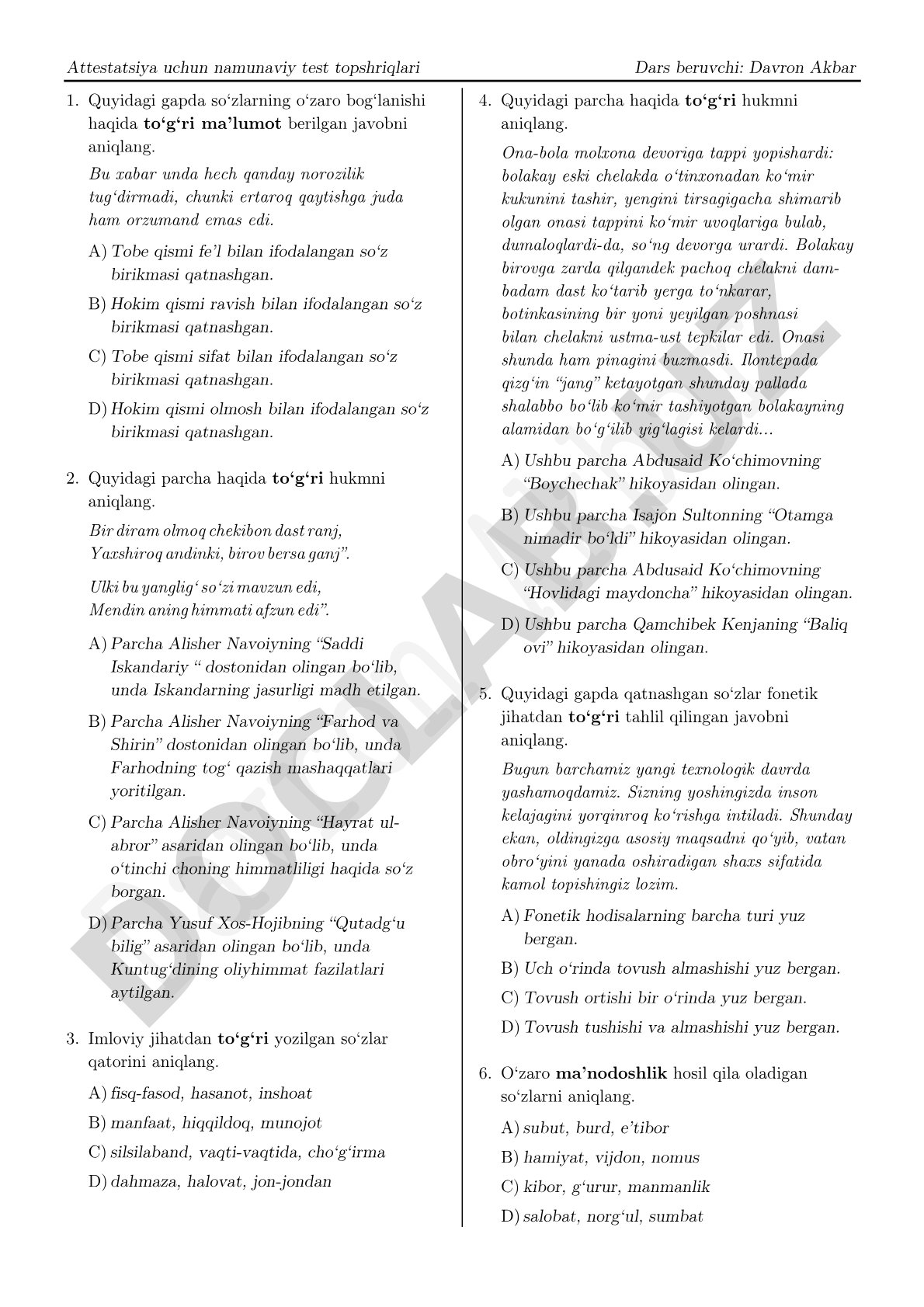 Attestatsiya uchun namunaviy test topshriqlari