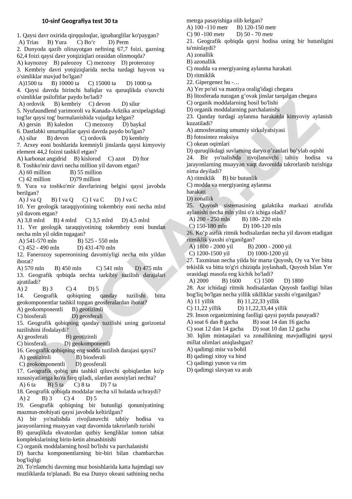 10-sinf Geografiya testi