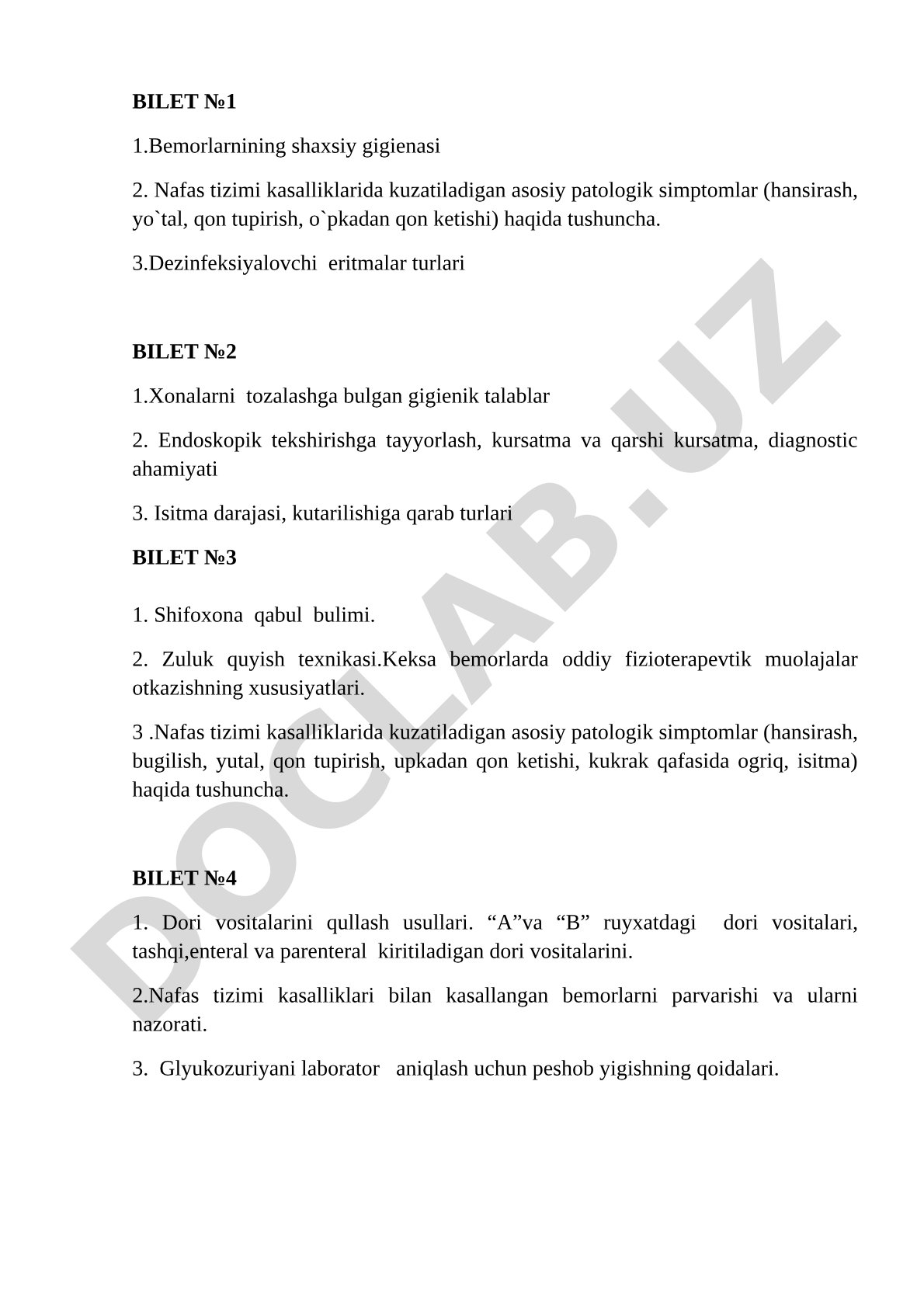 Bemorlarning shaxsiy gigienasi va nafas tizimi kasalliklarida patologik simptomlar
