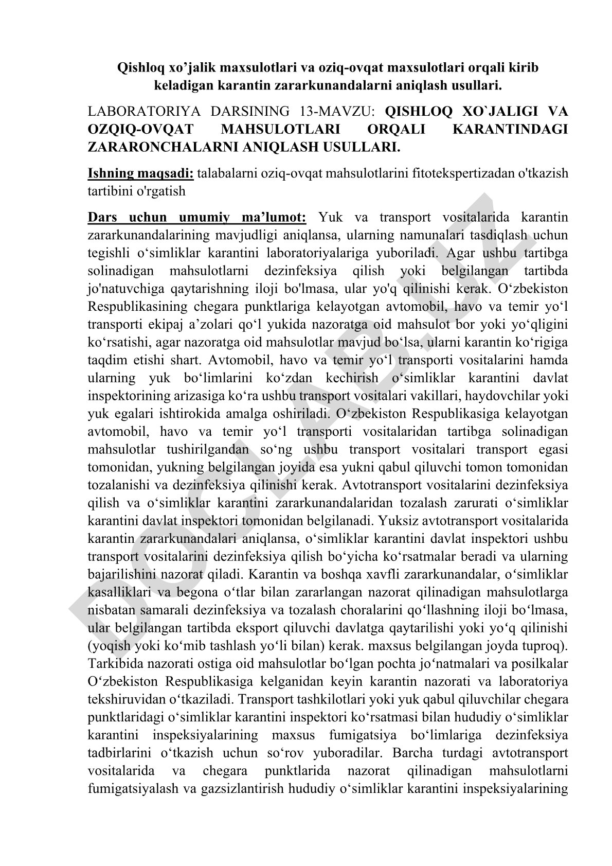 Qishloq xo'jalik va oziq-ovqat mahsulotlari orqali karantin zararkunandalarini aniqlash usullari