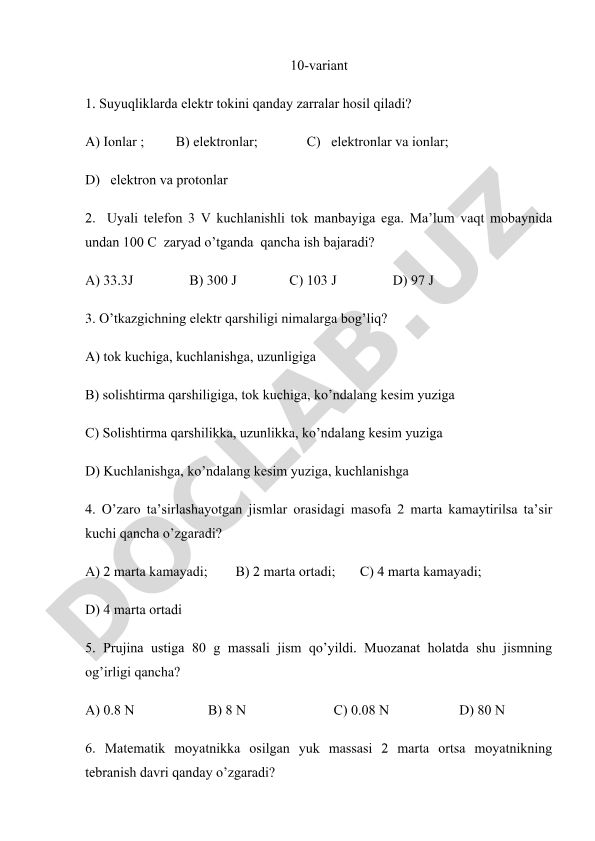 Fizika fanidan test savollari va javoblari