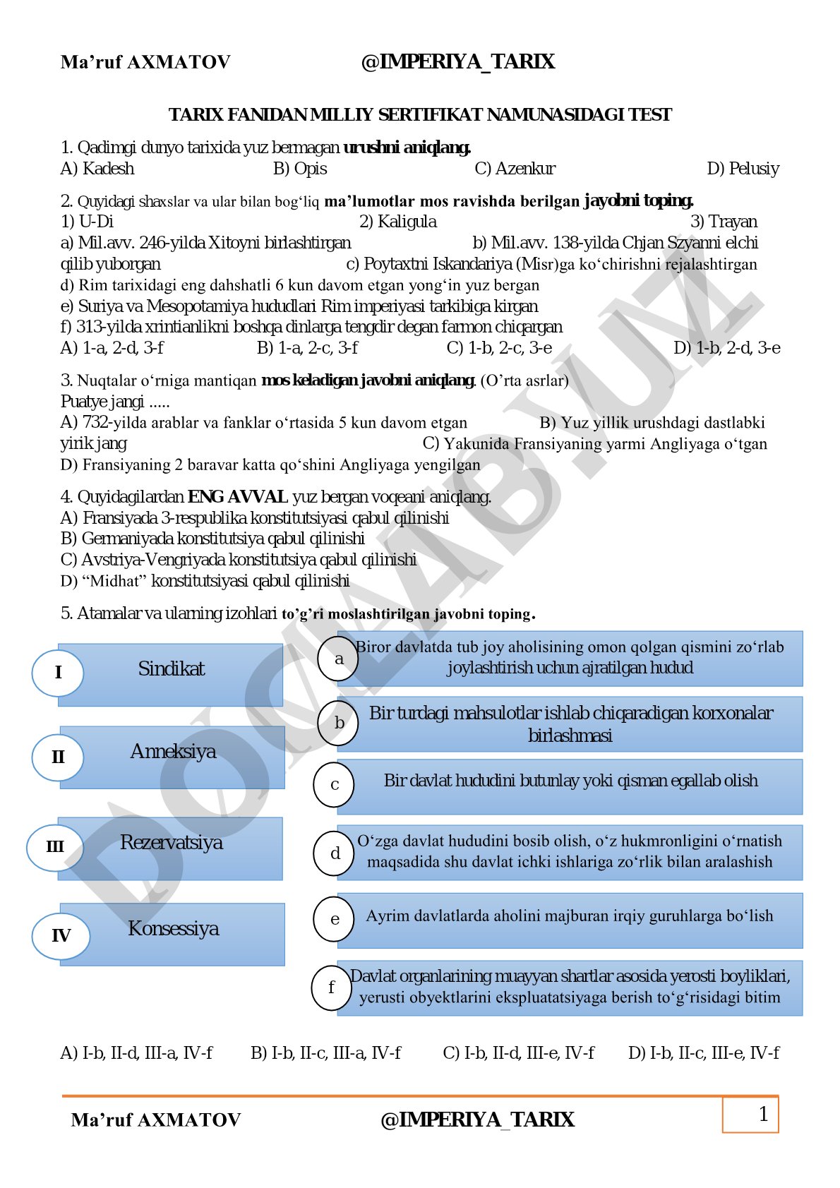 TARIX FANIDAN MILLIY SERTIFIKAT NAMUNASIDAGI TEST