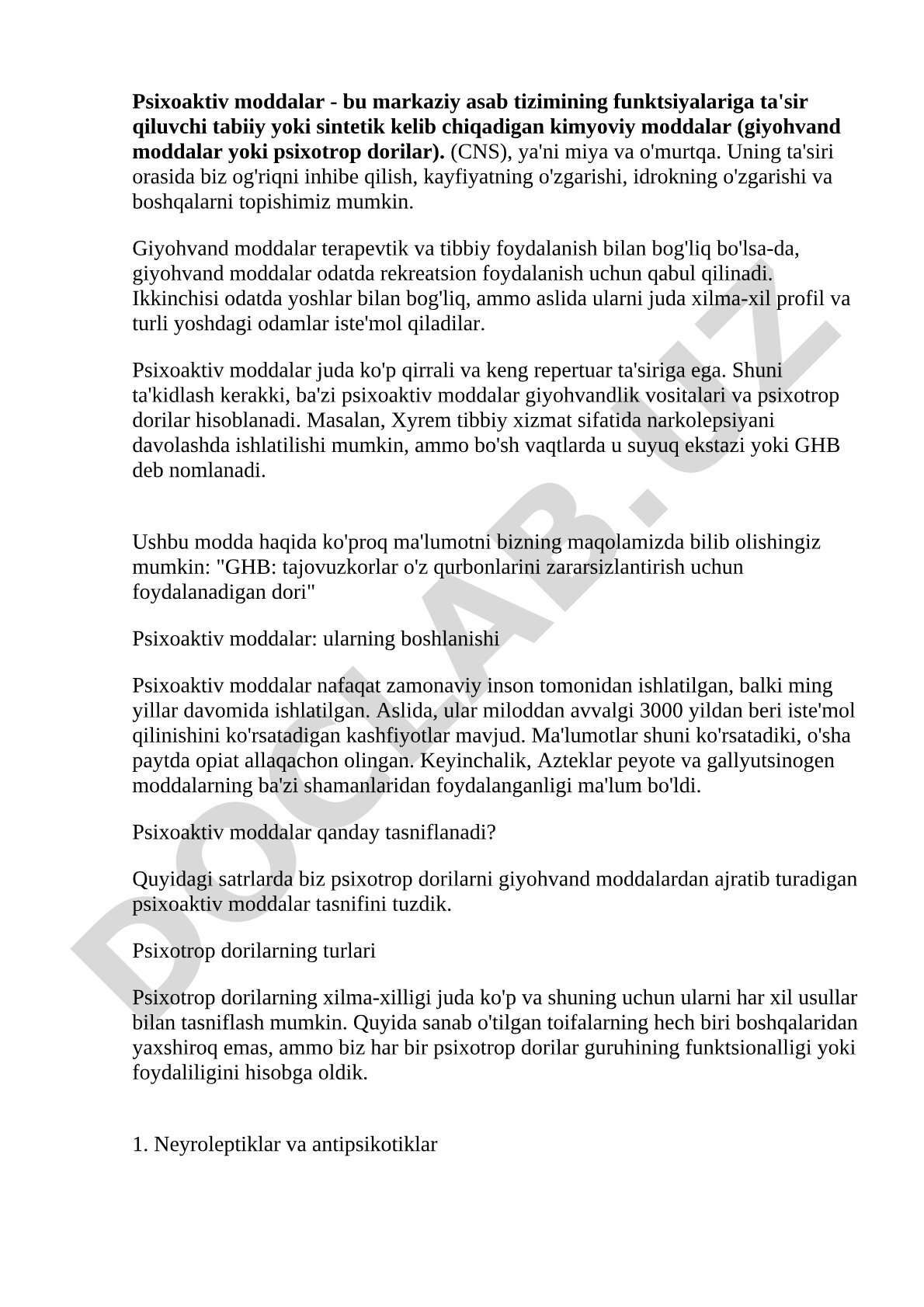 Ushbu maqola psixoaktiv moddalar ta'rifi, turlari va ta'siri, jumladan GHB haqida