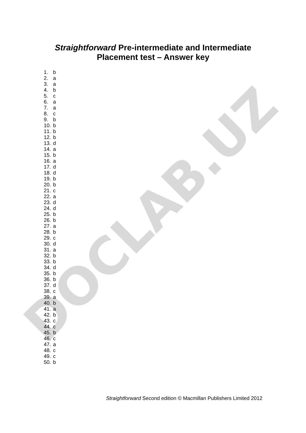 Straightforward Pre-intermediate and Intermediate Placement test – Answer key