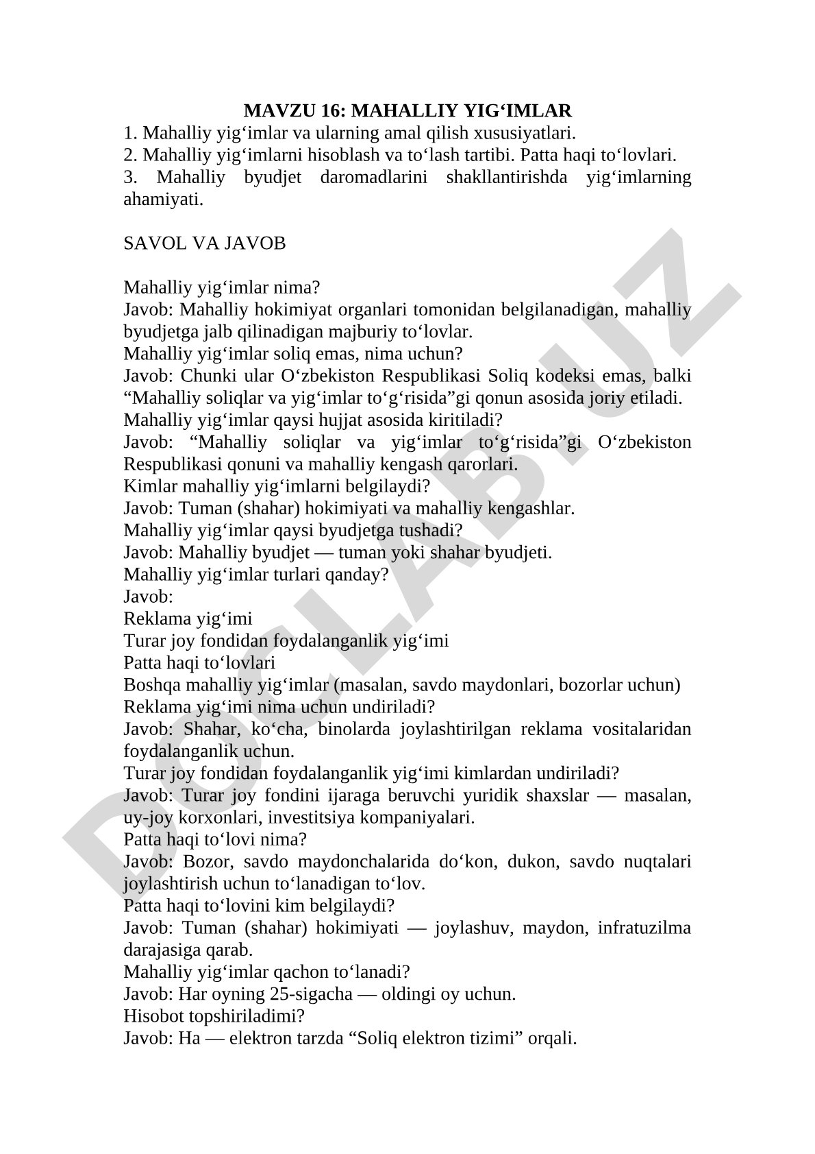 MAVZU 16: MAHALLIY YIG‘IMLAR 1