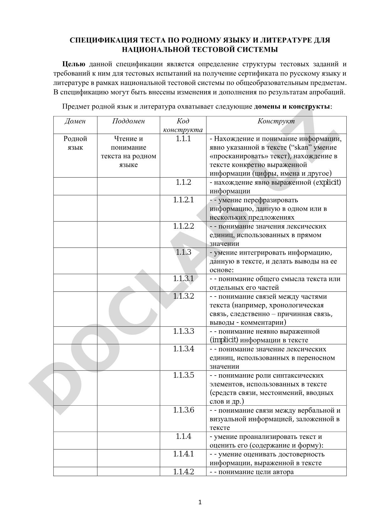 Спецификация теста по родному языку и литературе