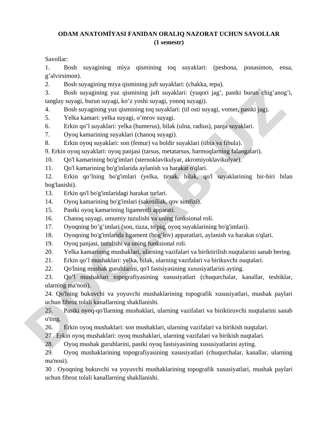 Odam anatomiyasi fanidan oraliq nazorat uchun savollar (1 semestr)