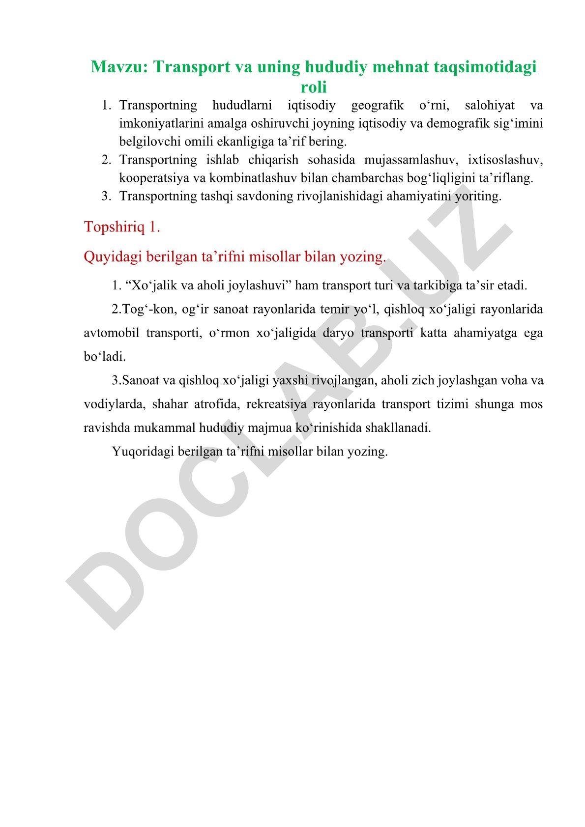 Transport va uning hududiy mehnat taqsimotidagi roli