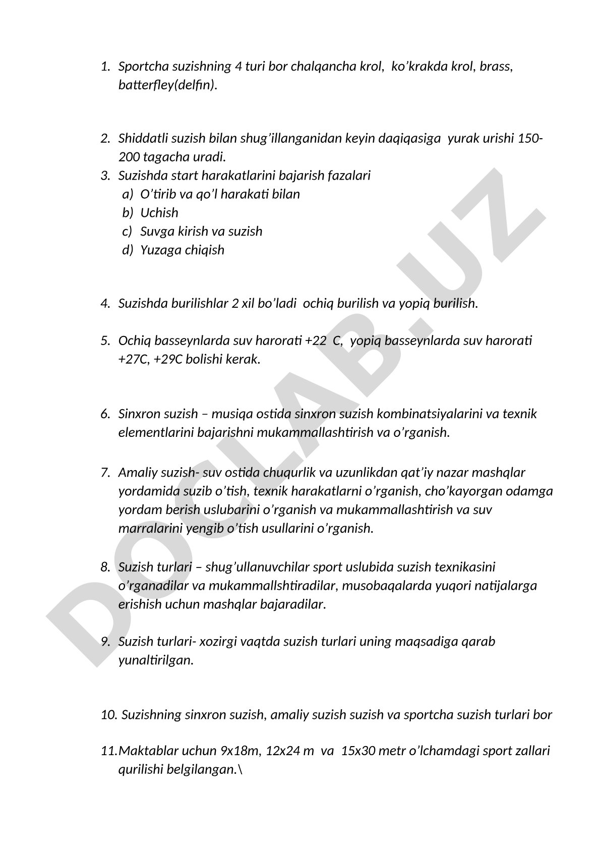 Sportcha suzish turlari, start fazalari, burilishlar, sinxron va amaliy suzish haqida