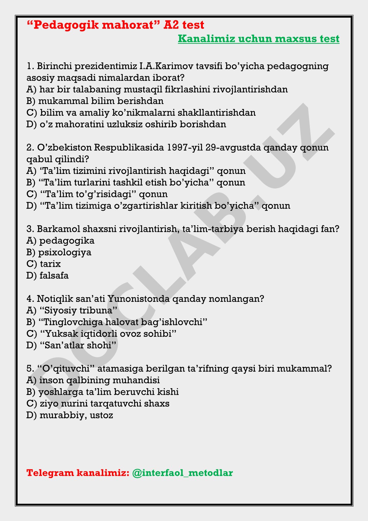 Pedagogik mahorat A2 test