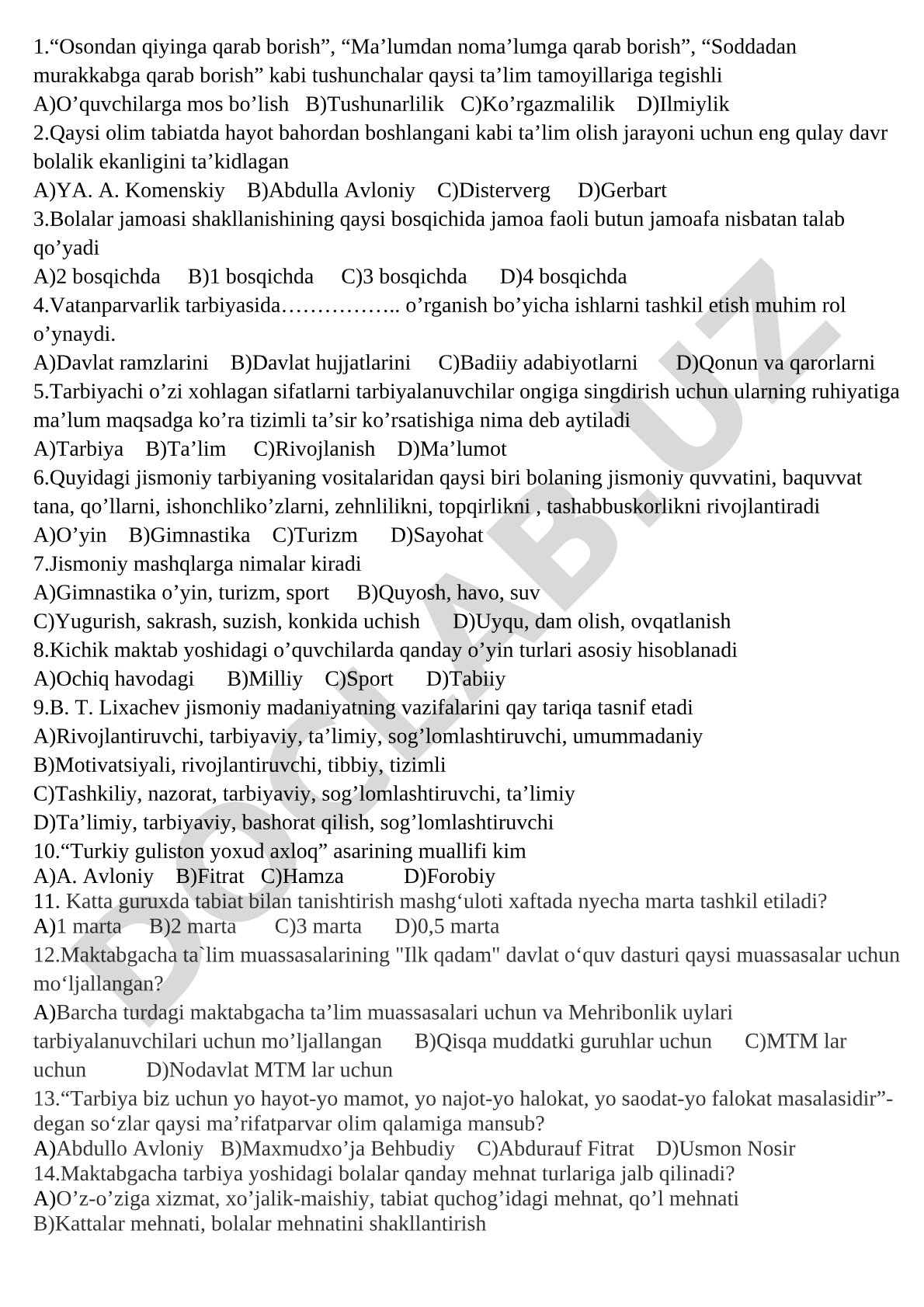 Pedagogika ta'lim tamoyillari va tarbiya test savollari