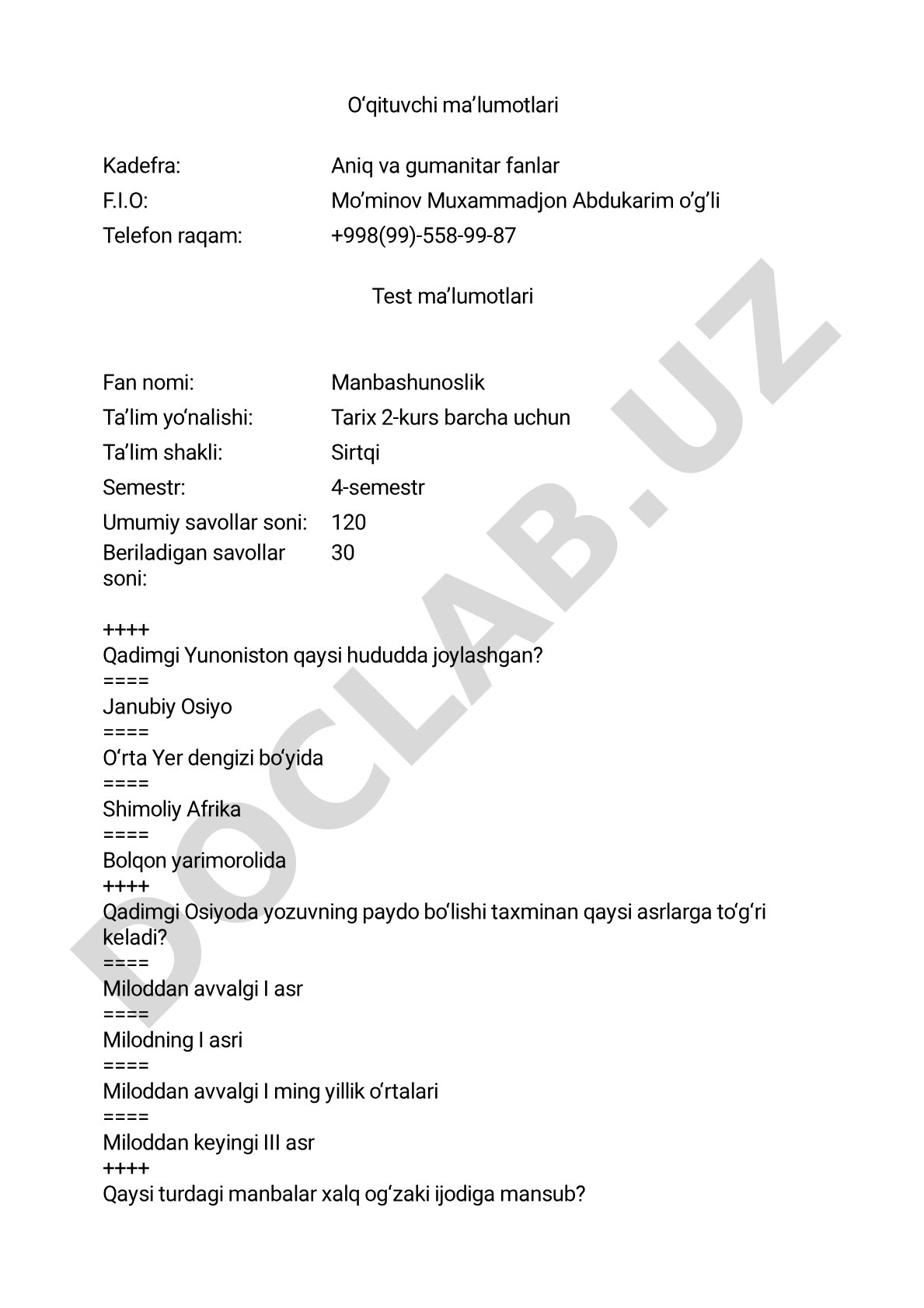 Manbashunoslik fanidan test savollari