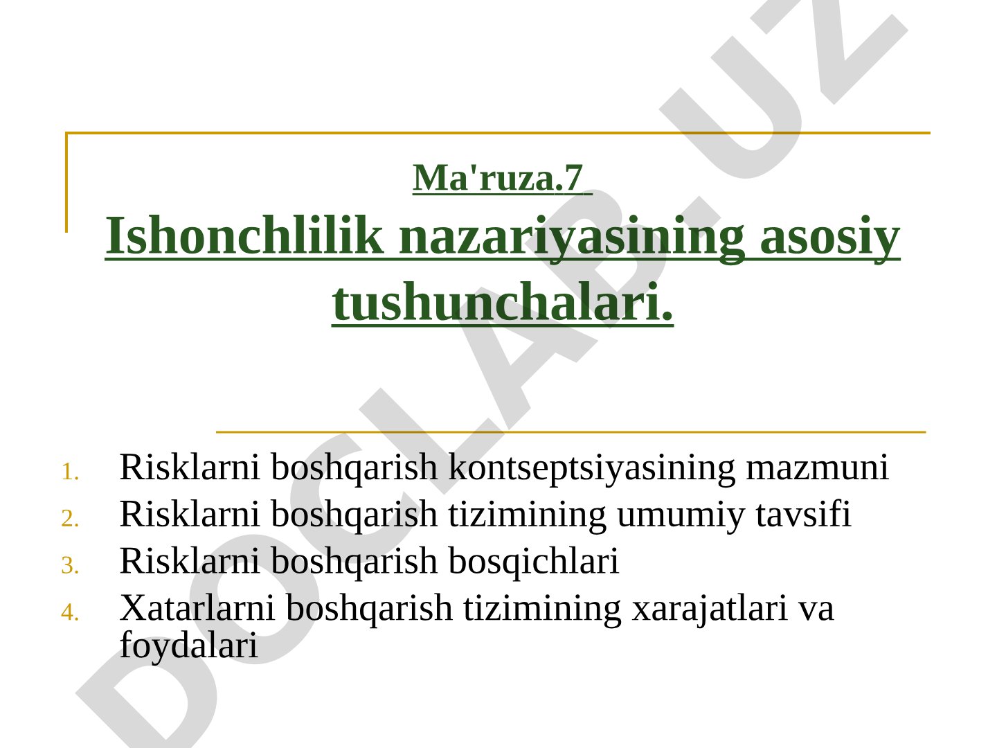 Ishonchlilik nazariyasining asosiy tushunchalari. Risklarni boshqarish kontseptsiyasining mazmuni