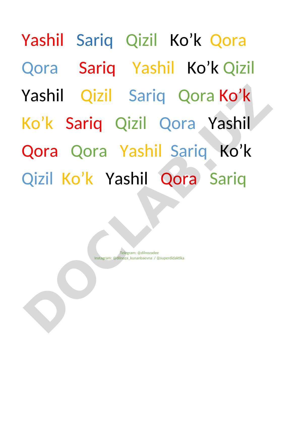 Yashil sariq qizil ko'k qora ranglar