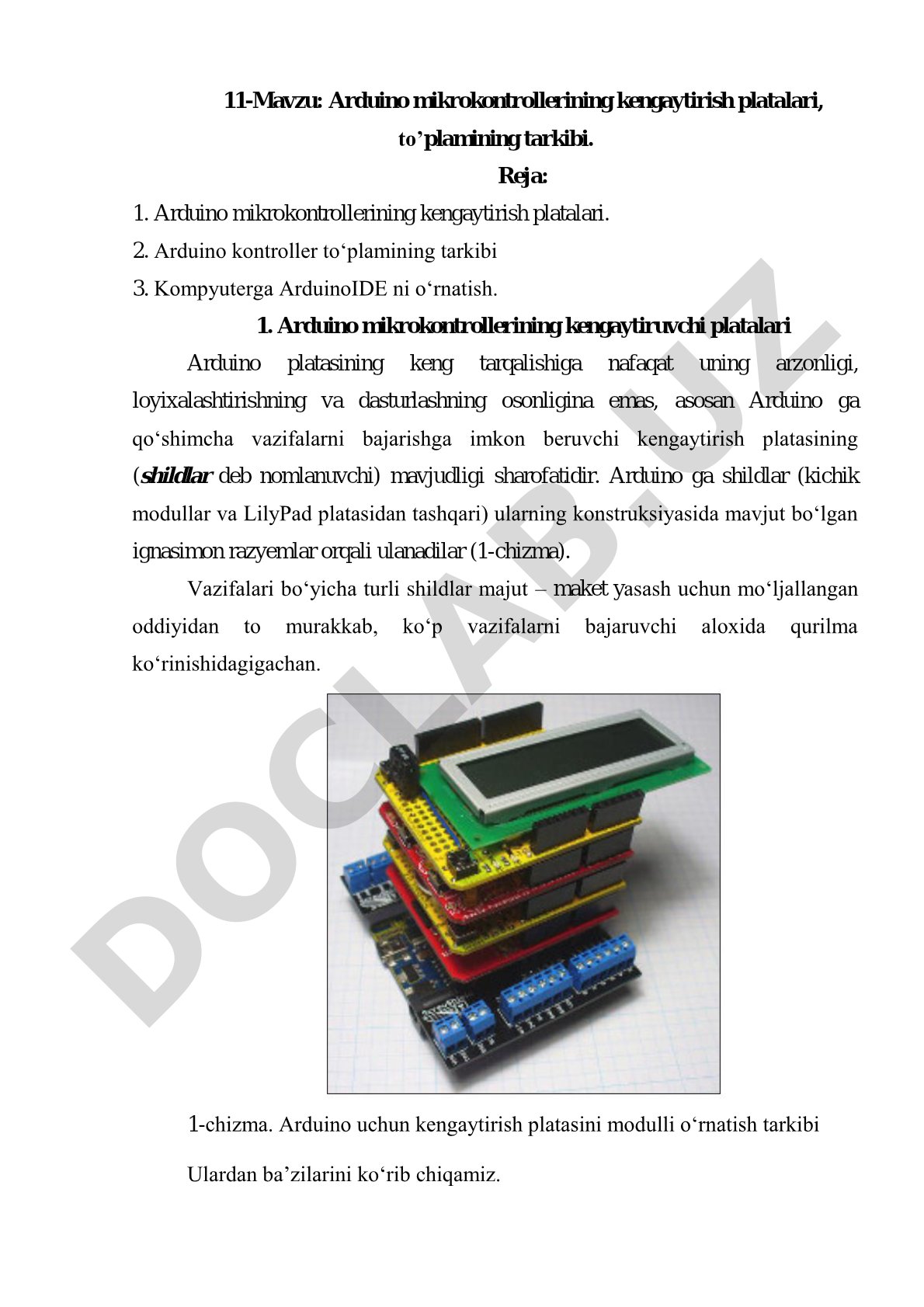Arduino mikrokontrollerining kengaytirish platalari, to'plamining tarkibi