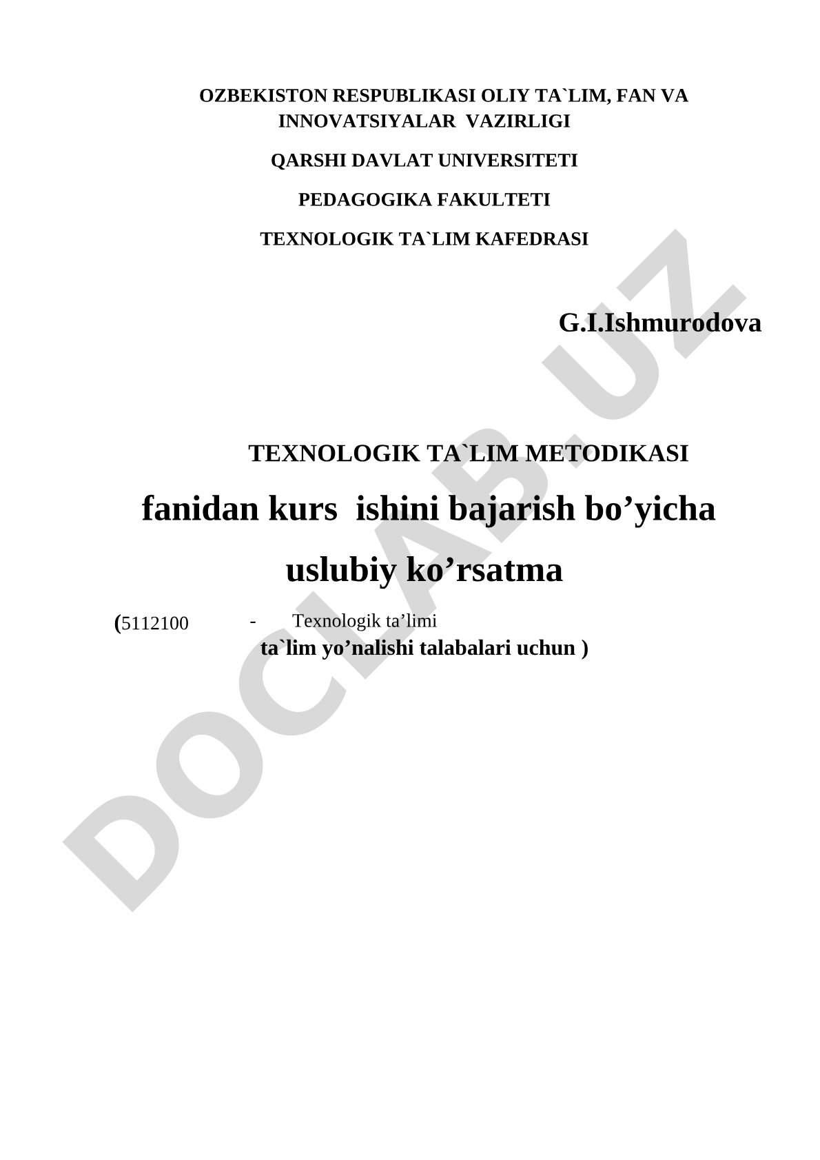 Texnologik ta'lim metodikasi fanidan uslubiy ko'rsatma