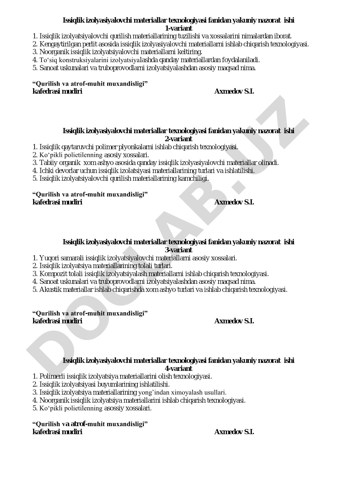 Issiqlik izolyasiyalovchi materiallar texnologiyasi fanidan yakuniy nazorat ishi