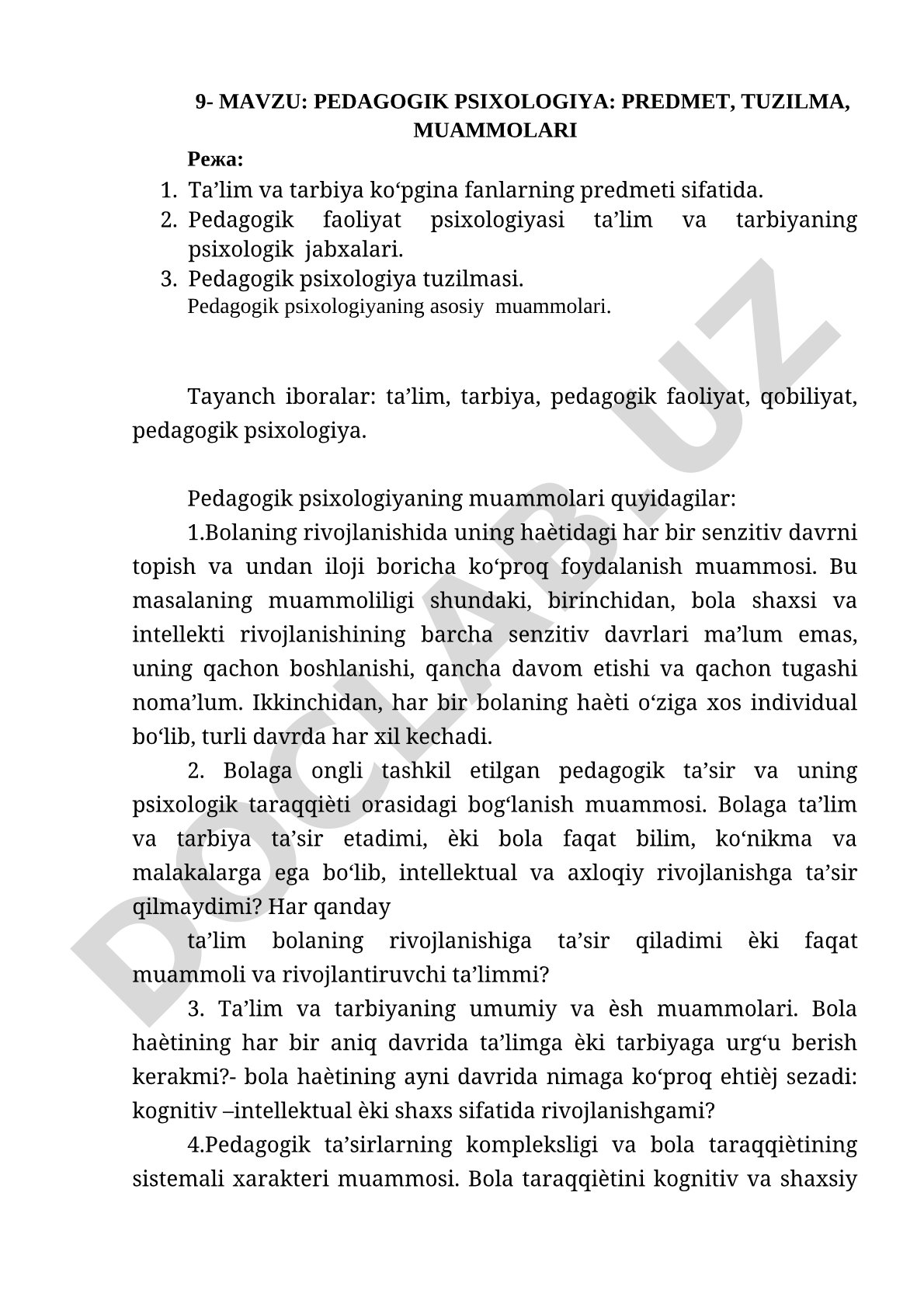Pedagogik psixologiya: predmet, tuzilma, muammolari