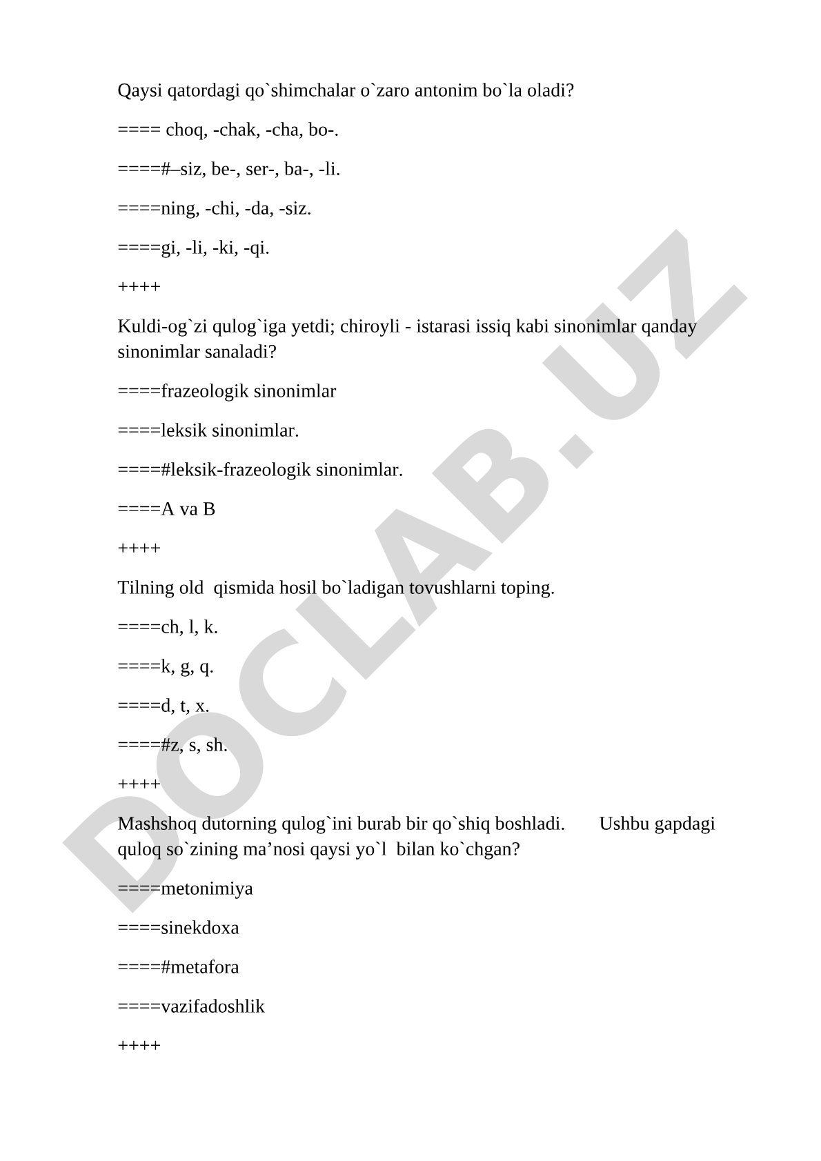 O'zbek tili fanidan test savollari