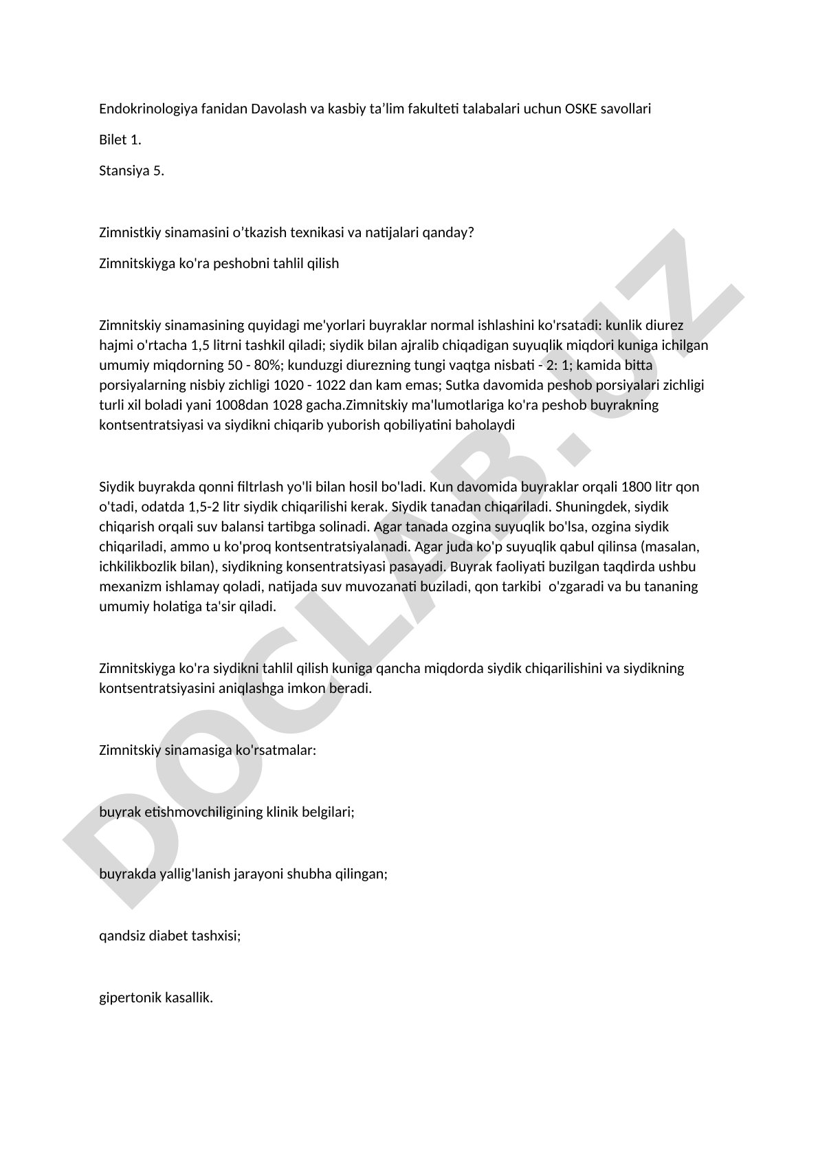 Endokrinologiya fanidan OSKE savollari - Zimnistkiy sinamasi