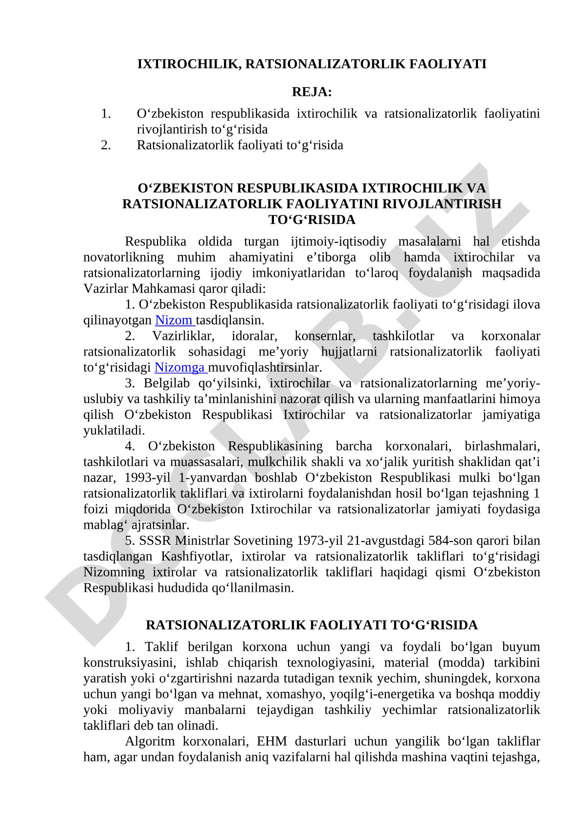 O‘zbekiston Respublikasida ixtirochilik va ratsionalizatorlik faoliyatini rivojlantirish to‘g‘risida