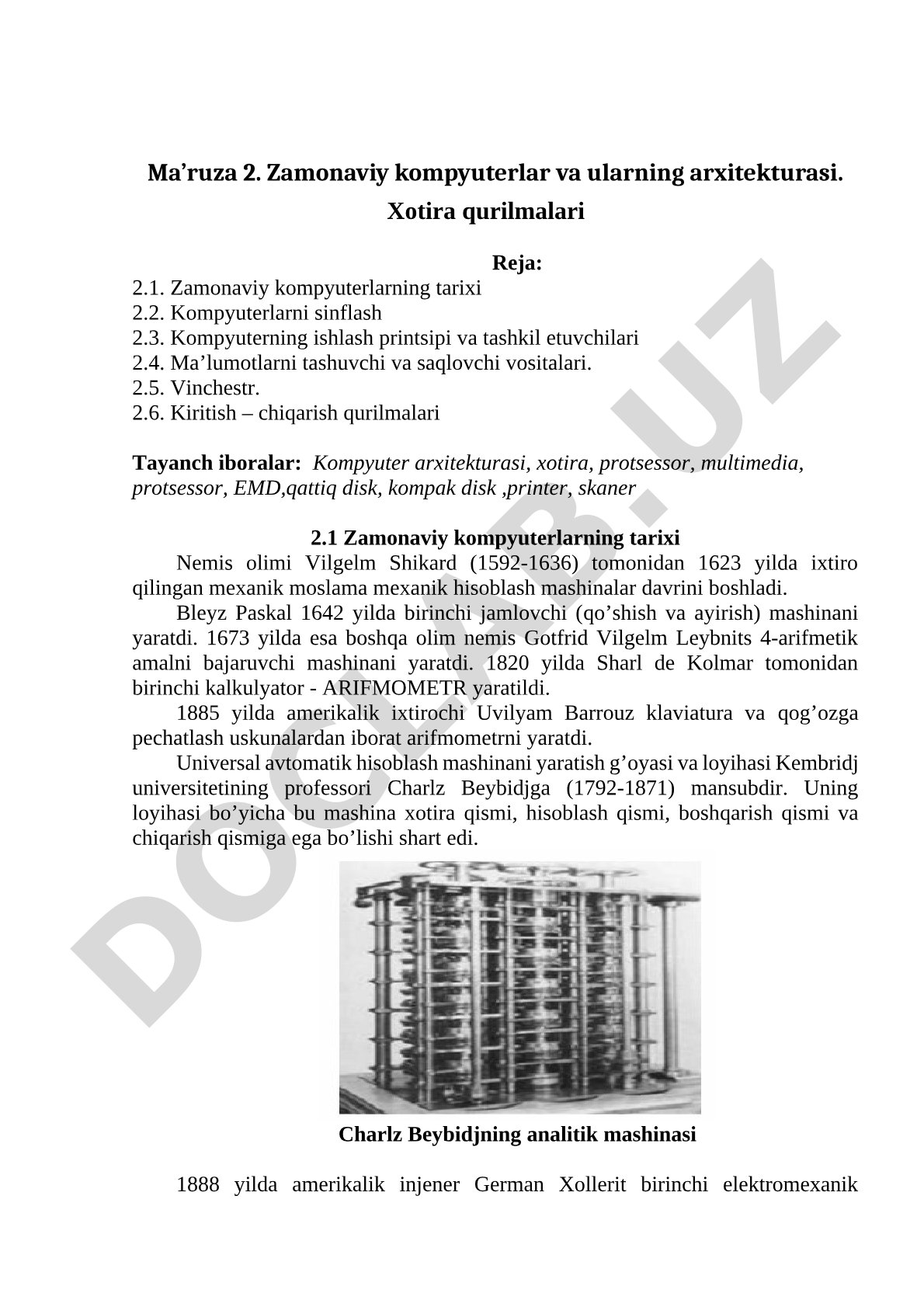 Ma’ruza 2. Zamonaviy kompyuterlar va ularning arxitekturasi. Xotira qurilmalari