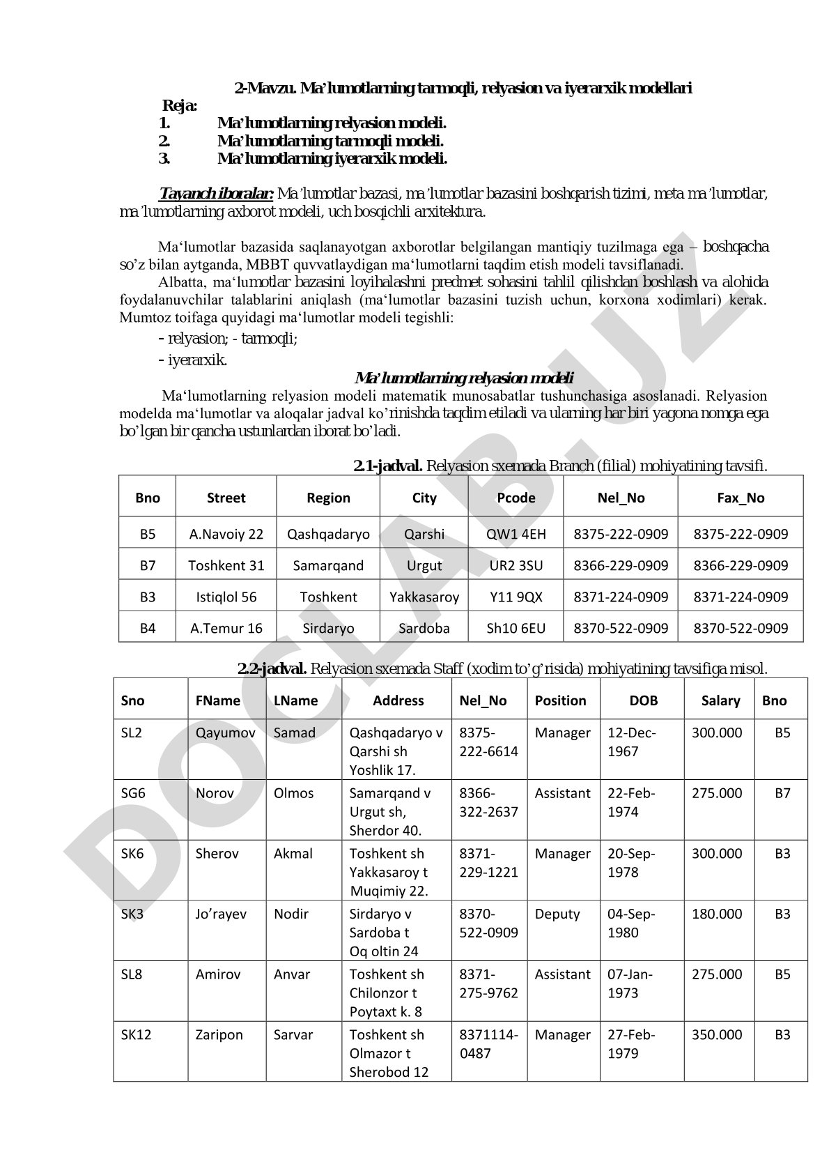 Ma’lumotlarning tarmoqli, relyasion va iyerarxik modellari