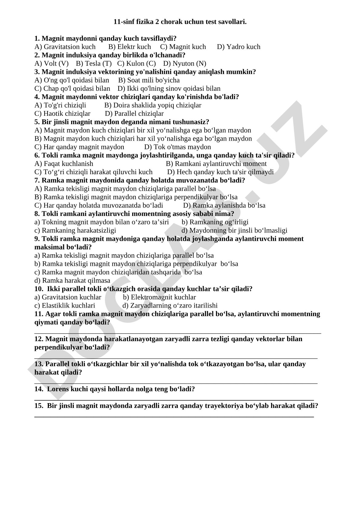 11-sinf fizika 2 chorak uchun test savollari