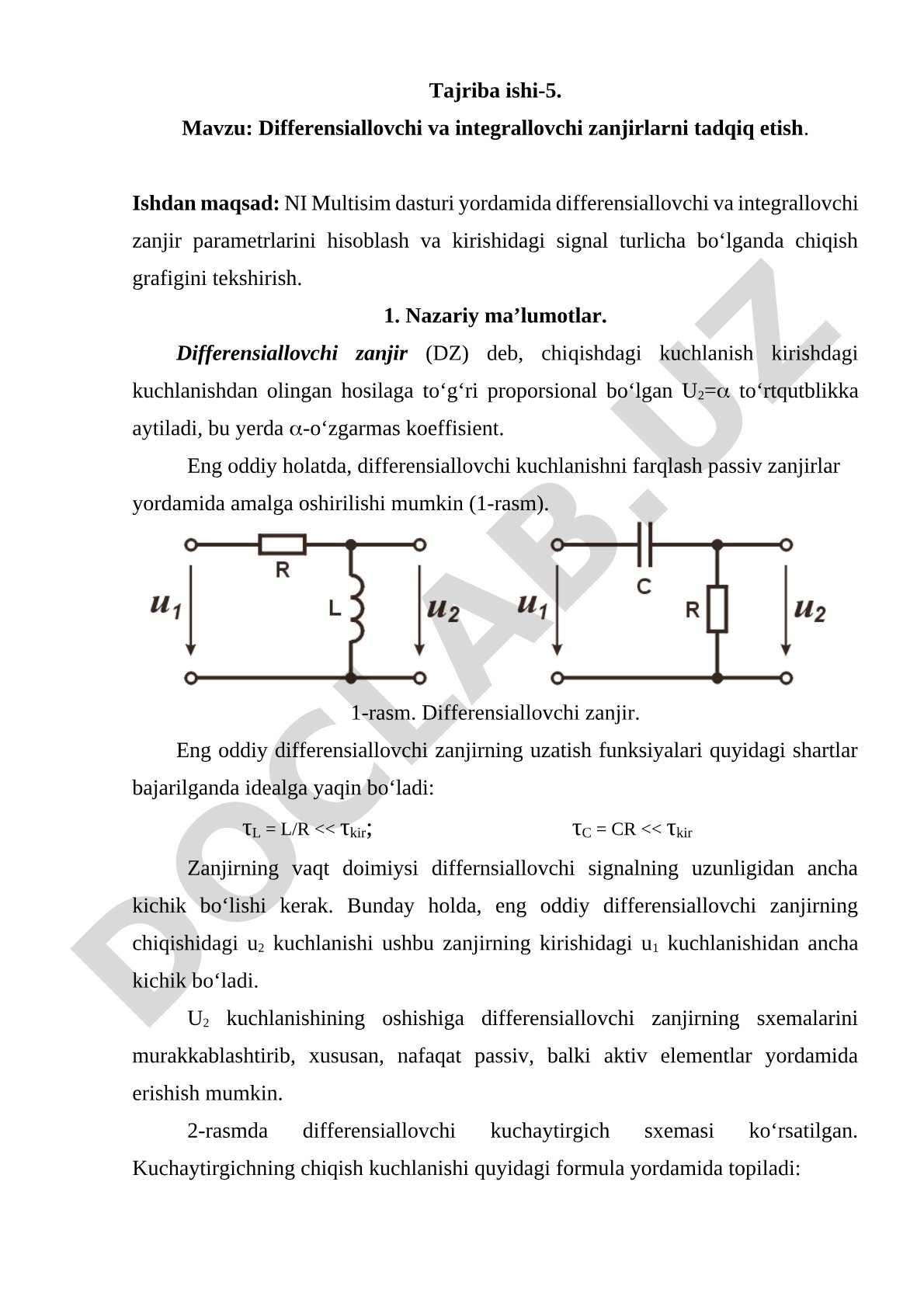 Differensiallovchi va integrallovchi zanjirlarni tadqiq etish