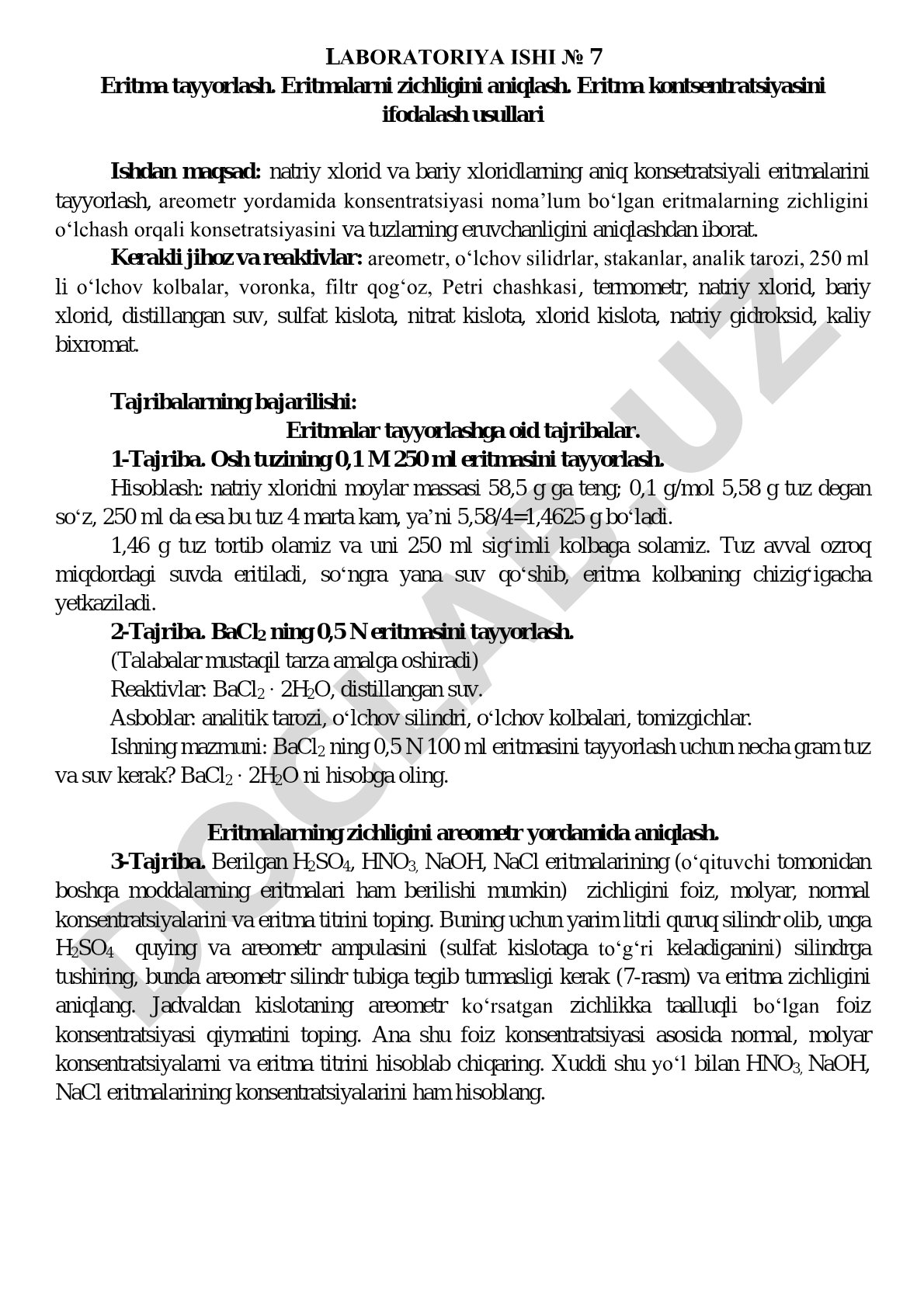 Eritma tayyorlash. Eritmalarni zichligini aniqlash. Eritma kontsentratsiyasini ifodalash usullari