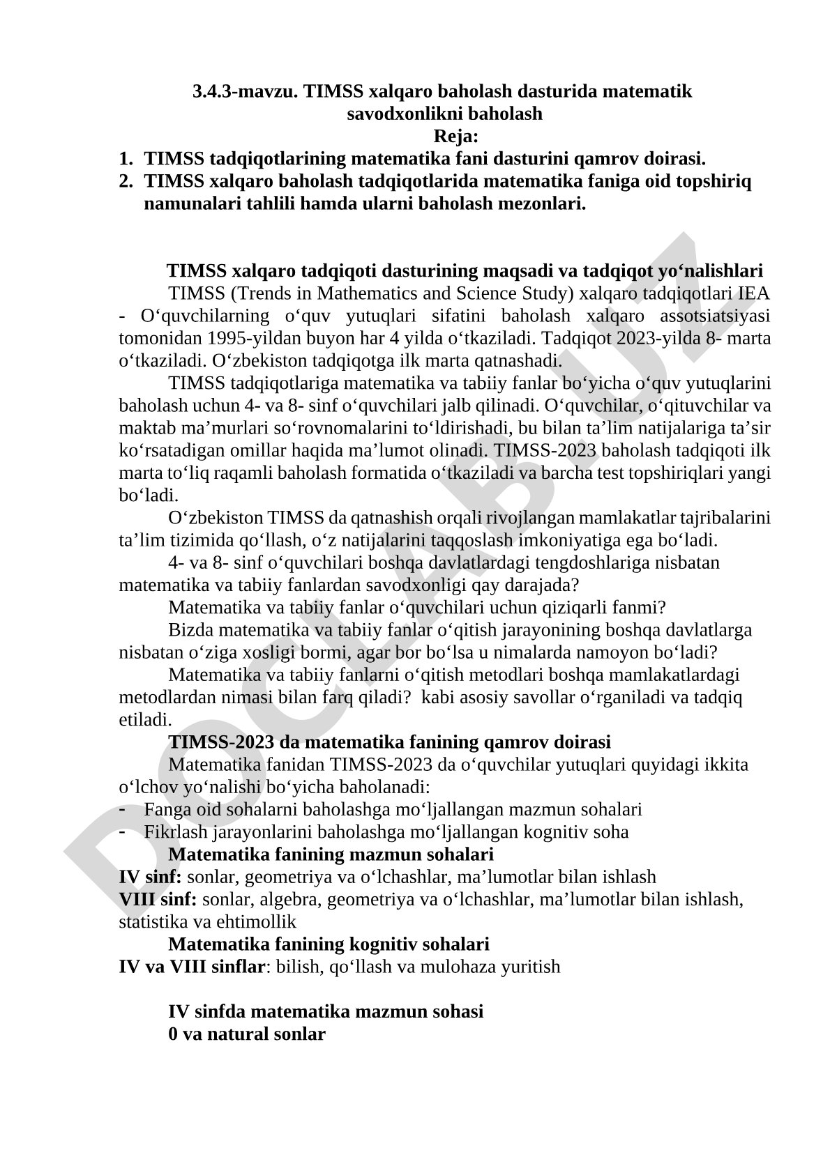 TIMSS xalqaro baholash dasturida matematik savodxonlikni baholash