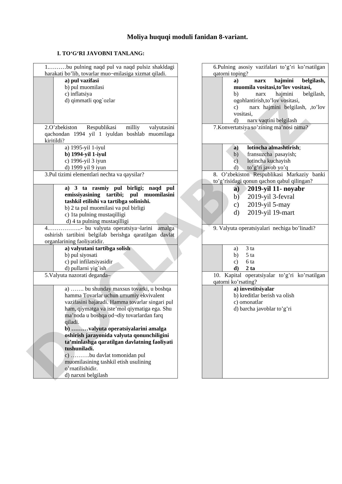 Moliya huquqi moduli fanidan 8-variant