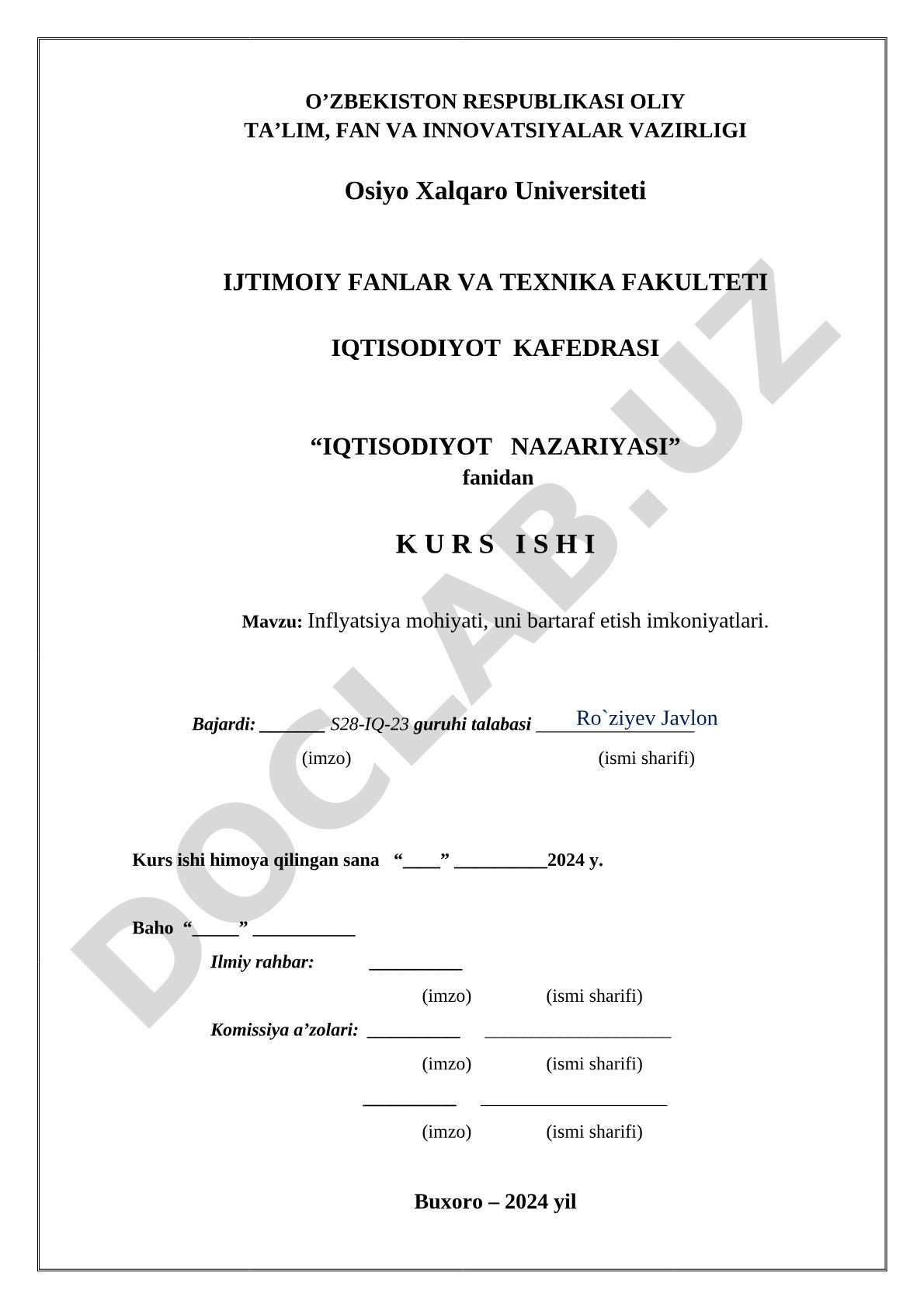 Inflyatsiya mohiyati, uni bartaraf etish imkoniyatlari.