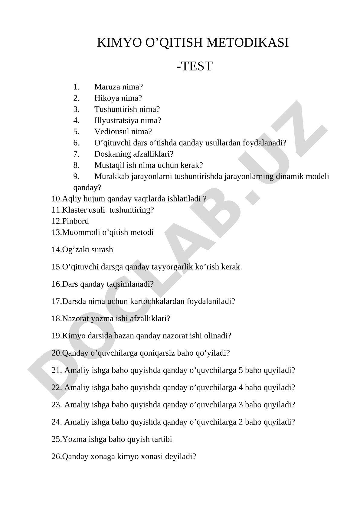 Kimyo o'qitish metodikasi test savollari
