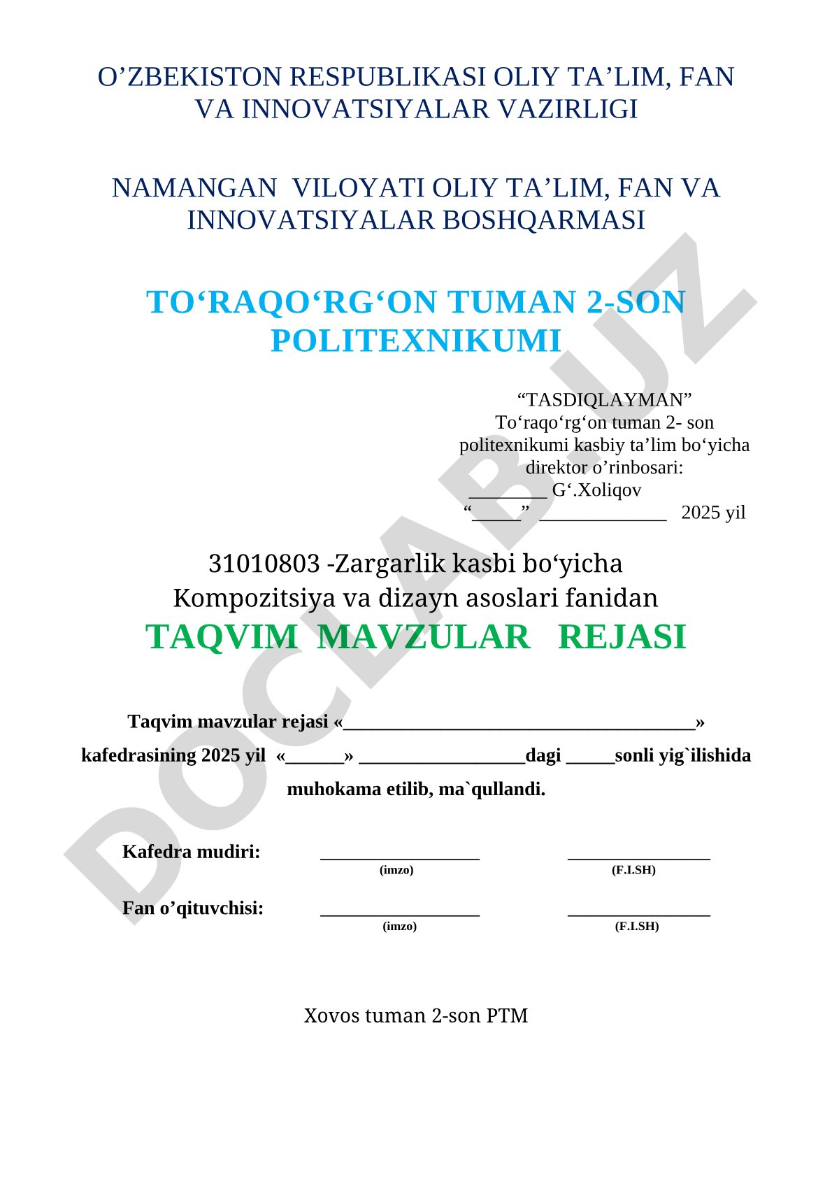Kompozitsiya va dizayn asoslari fanidan taqvim mavzular rejasi