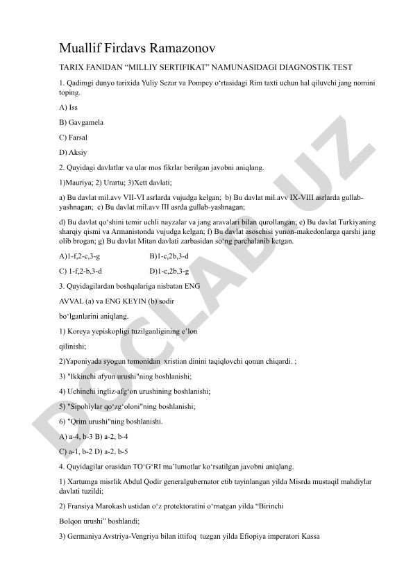 Tarix fanidan diagnostik test