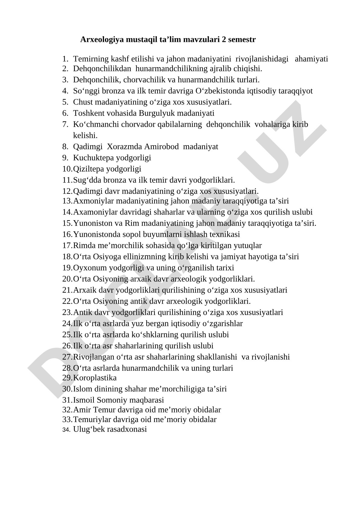 Arxeologiya mustaqil ta’lim mavzulari 2 semestr