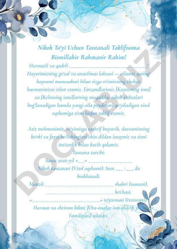 Nikoh to'yi uchun tantanali taklifnoma