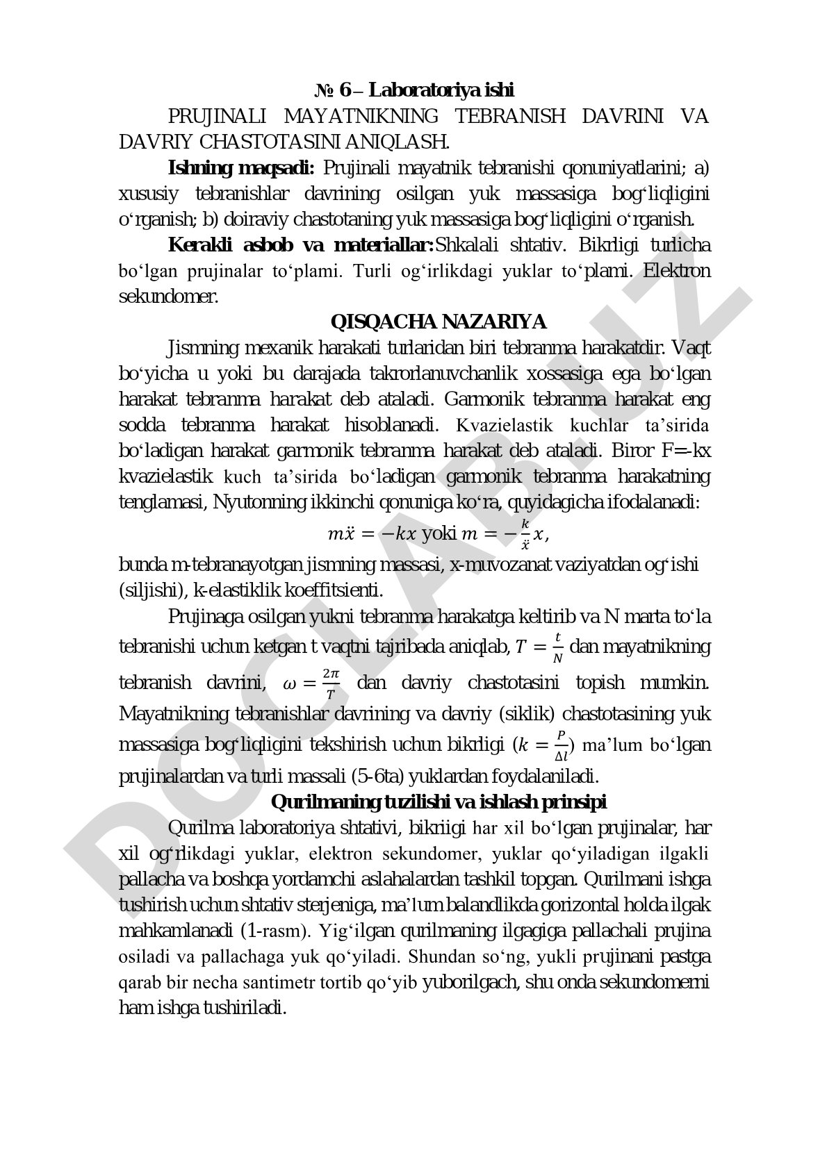 Prujinali mayatnikning tebranish davrini va davriy chastotasini aniqlash