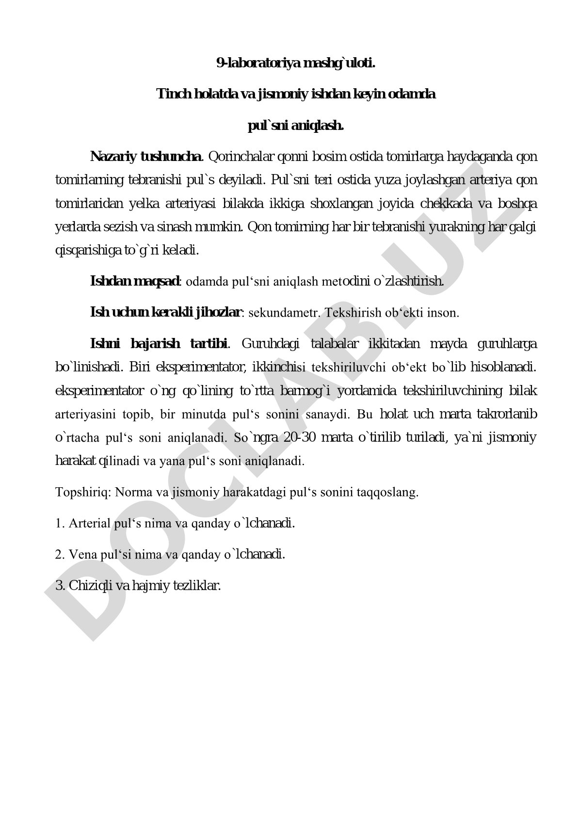 Tinch holatda va jismoniy ishdan keyin odamda pulsni aniqlash