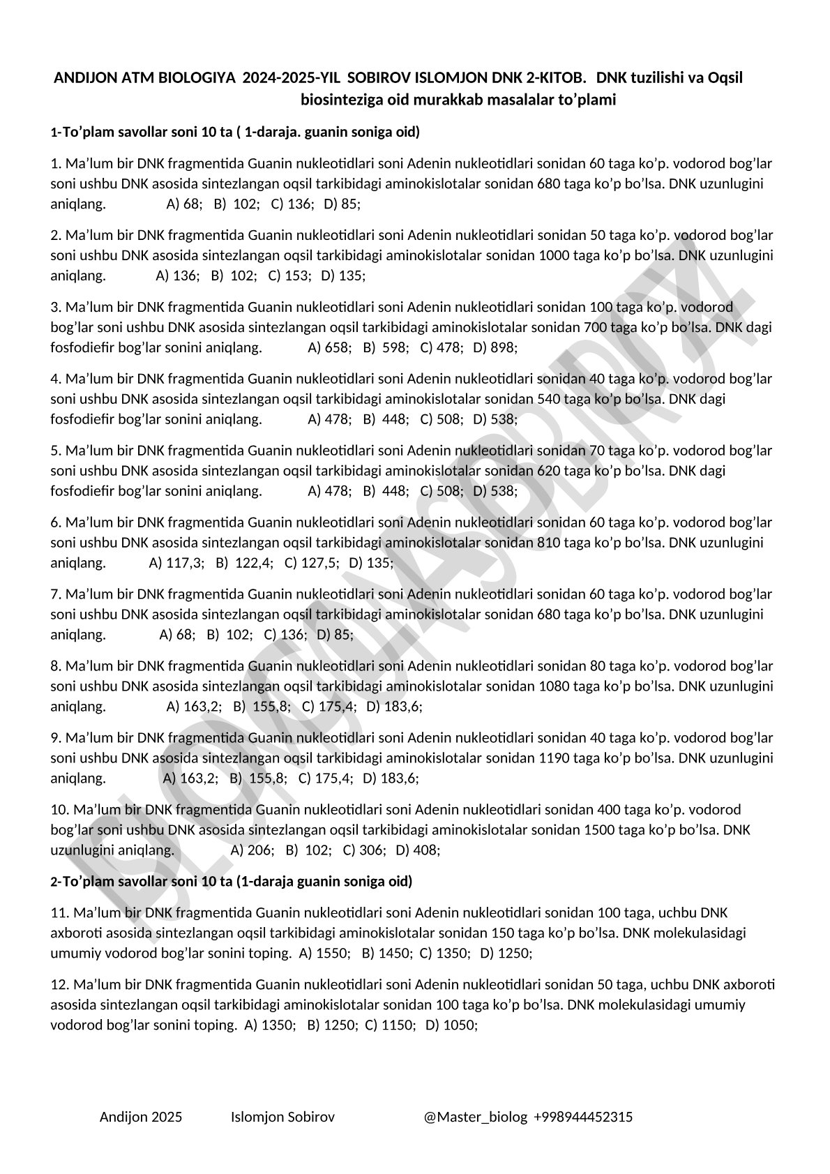 DNK va oqsil biosinteziga oid masalalar to'plami