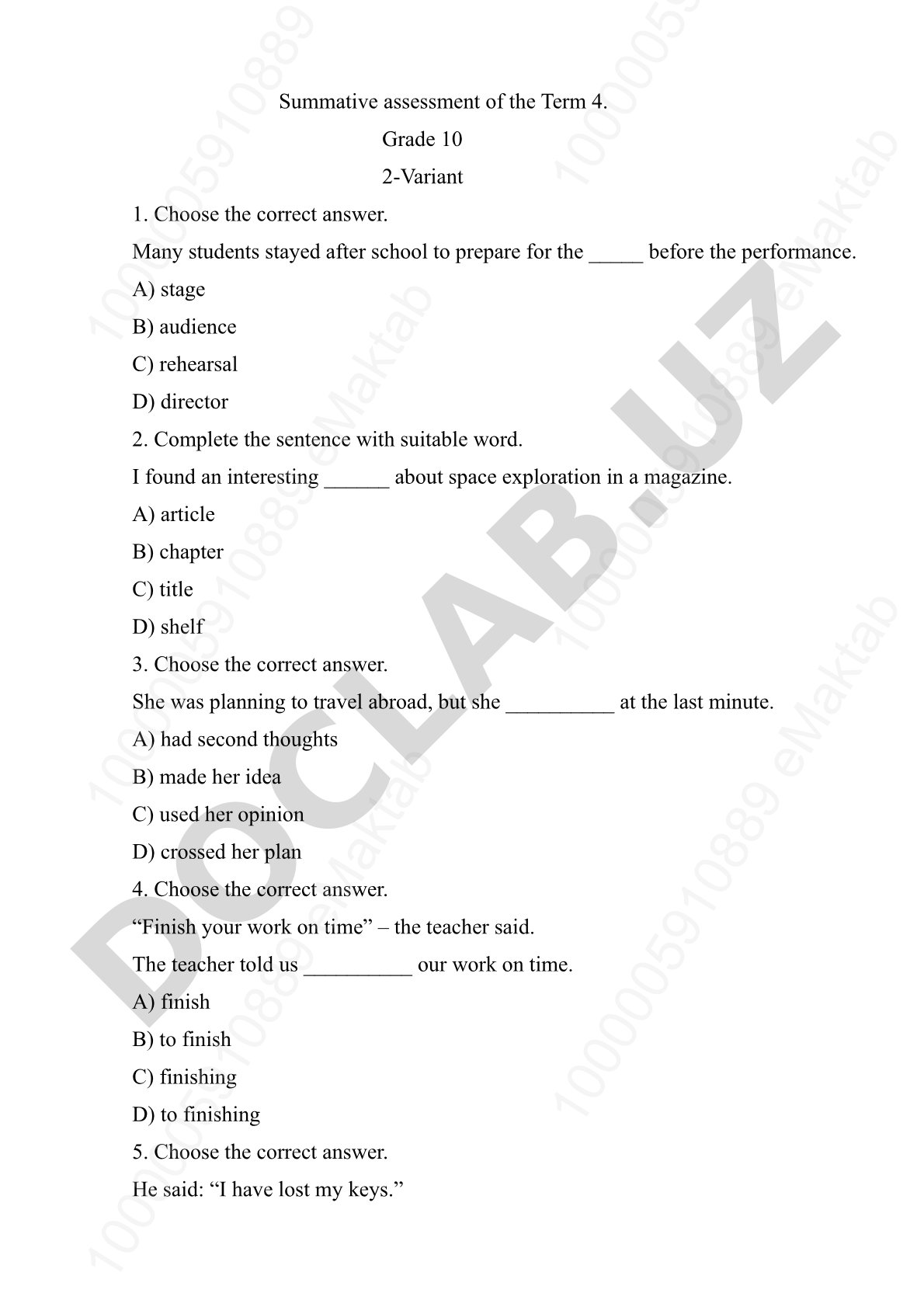 Summative assessment for Term 4, Grade 10, Variant 2