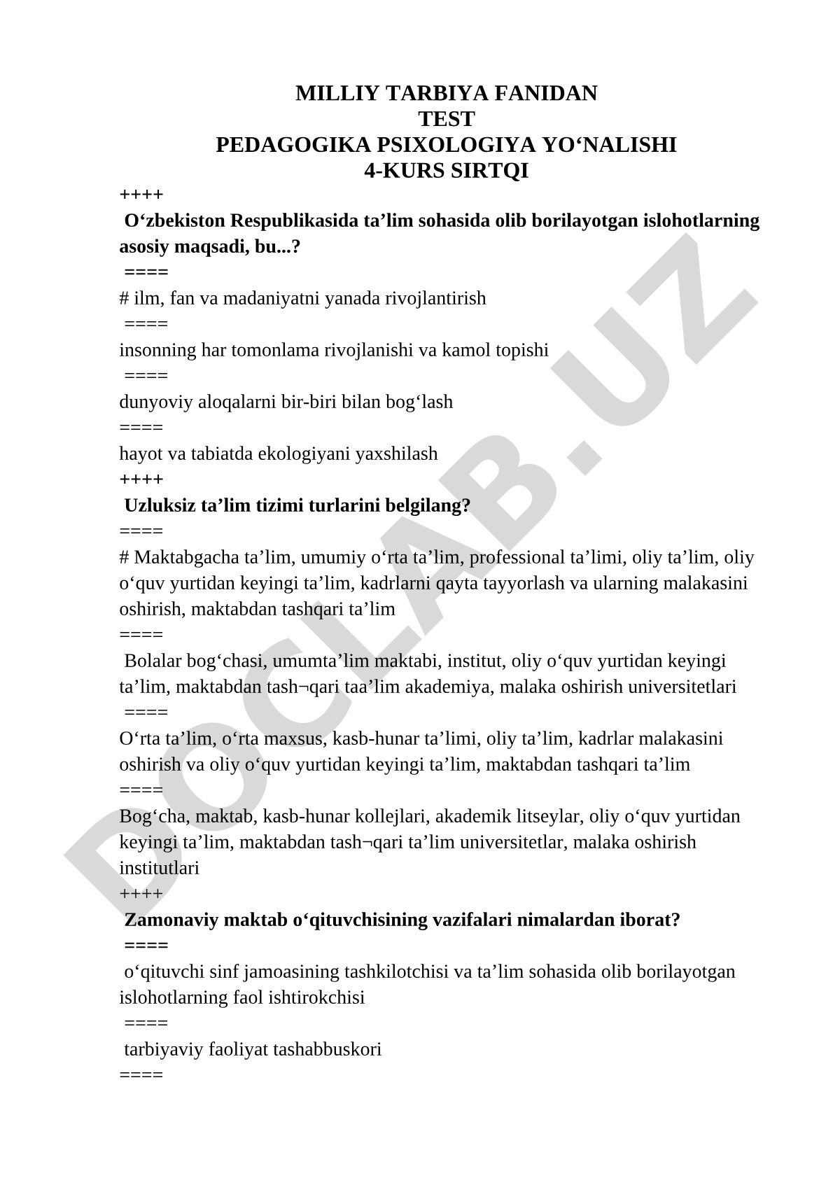 Milliy tarbiya fanidan test pedagogika psixologiya yo‘nalishi 4-kurs sirtqi