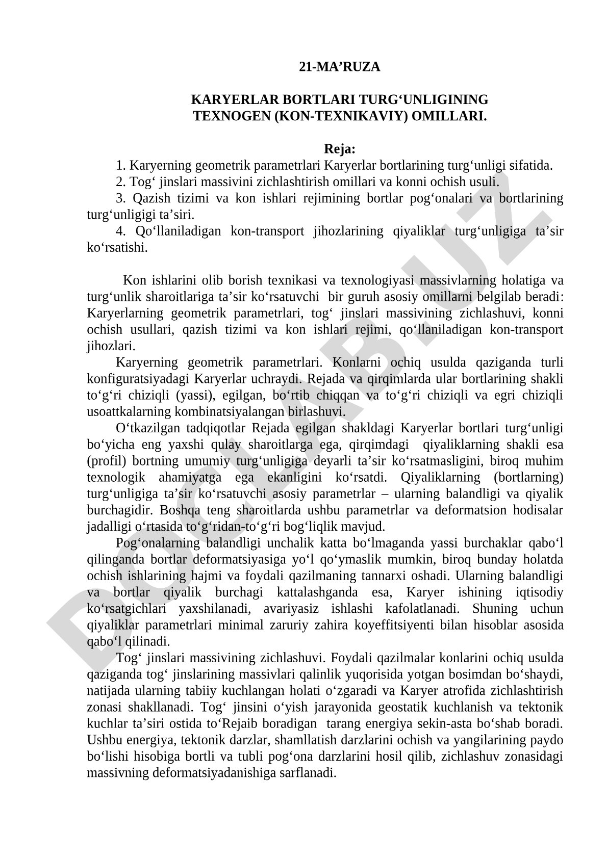 Karyerlar bortlari turg‘unligining texnogen (kon-texnikaviy) omillari