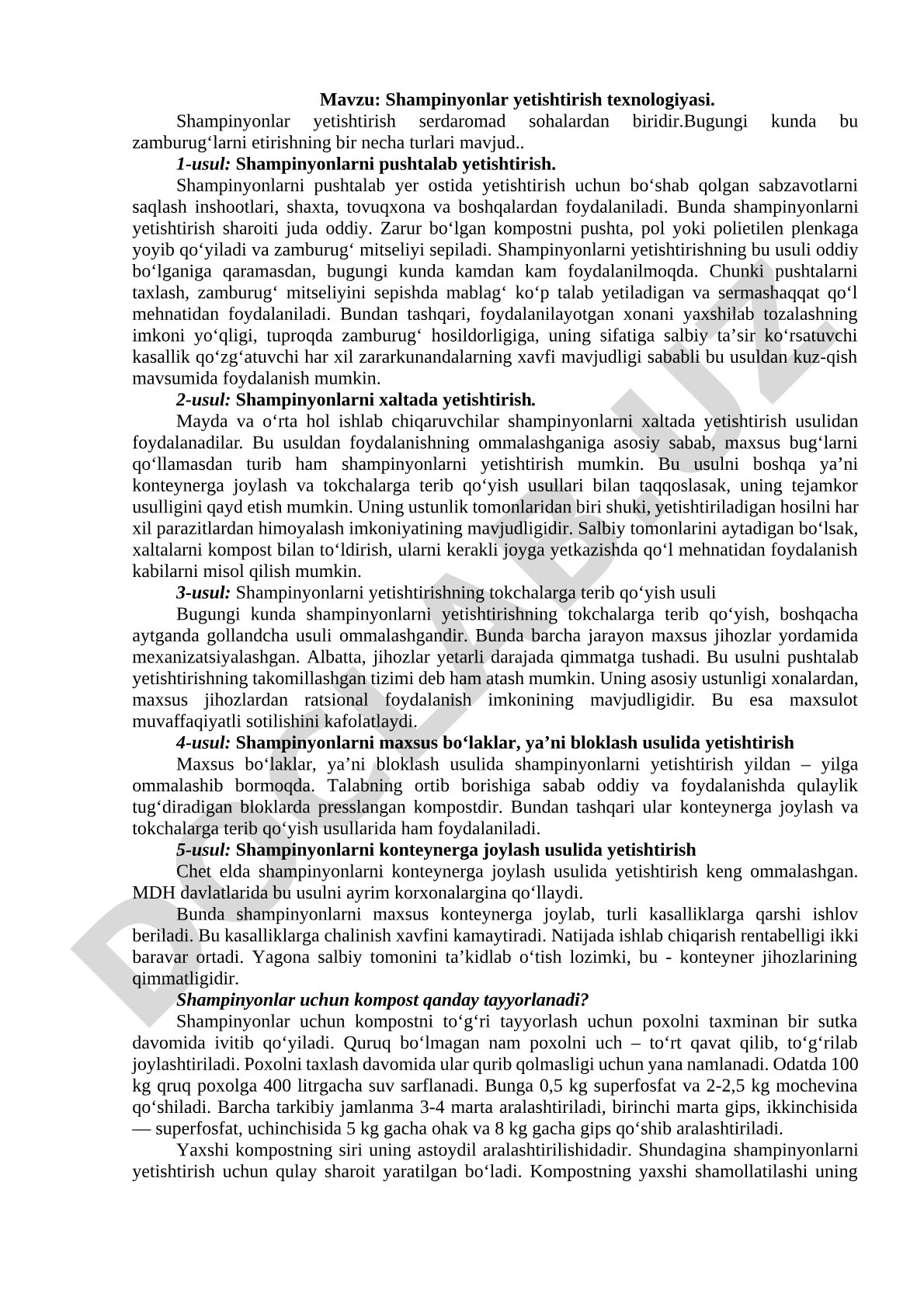Shampinyonlarni yetishtirishning pushtalab va xaltada yetishtirish usullari haqida
