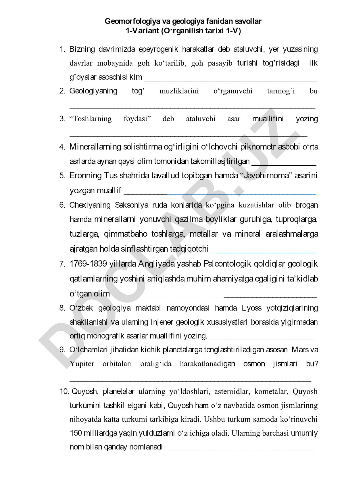 Geomorfologiya va geologiya fanidan savollar 1-Variant